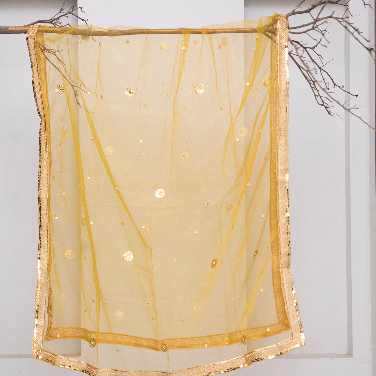 Net Mustard All Sided Gota Patti with Mirror Work Dupatta
