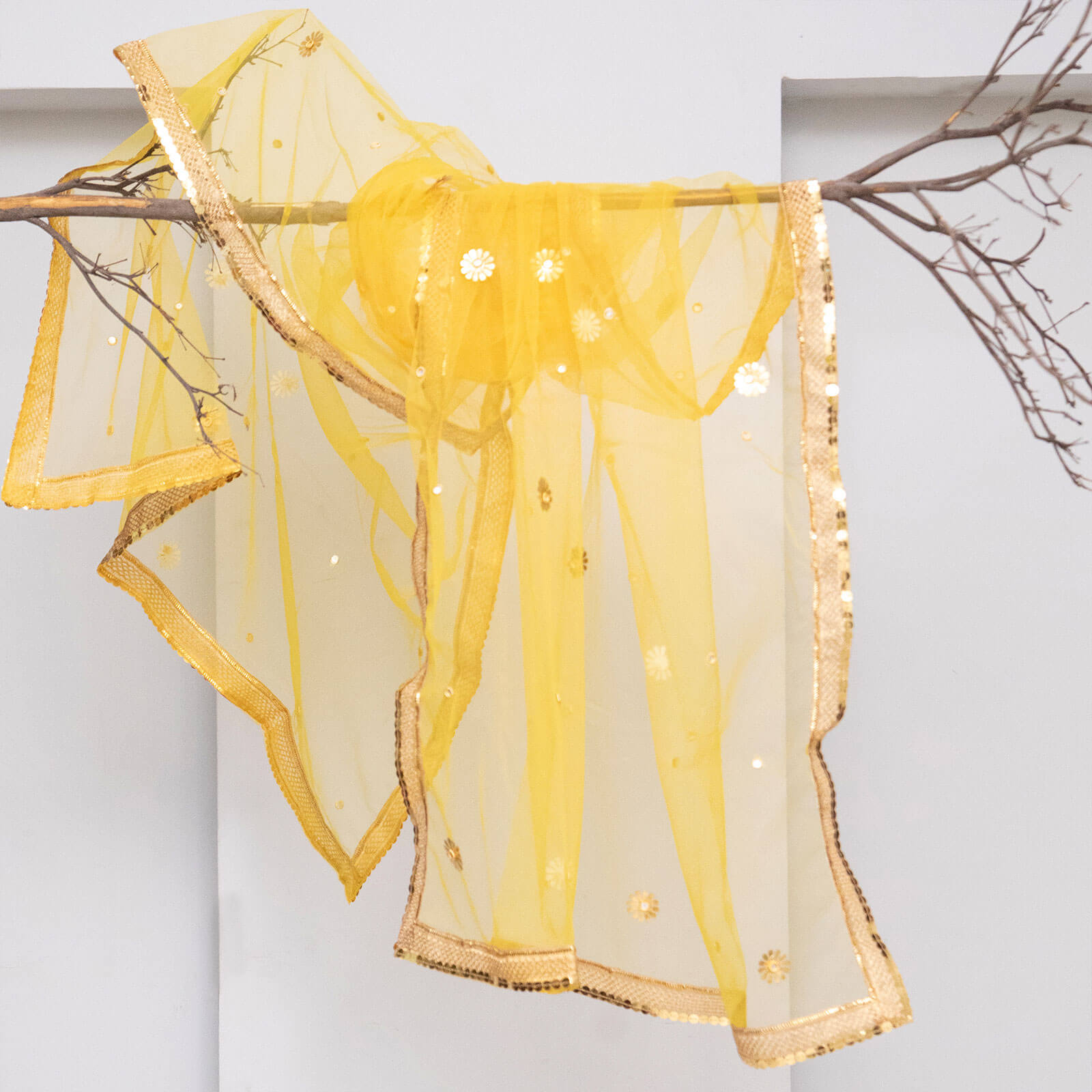 Net Yellow All Sided Gota Patti with Mirror Work Dupatta