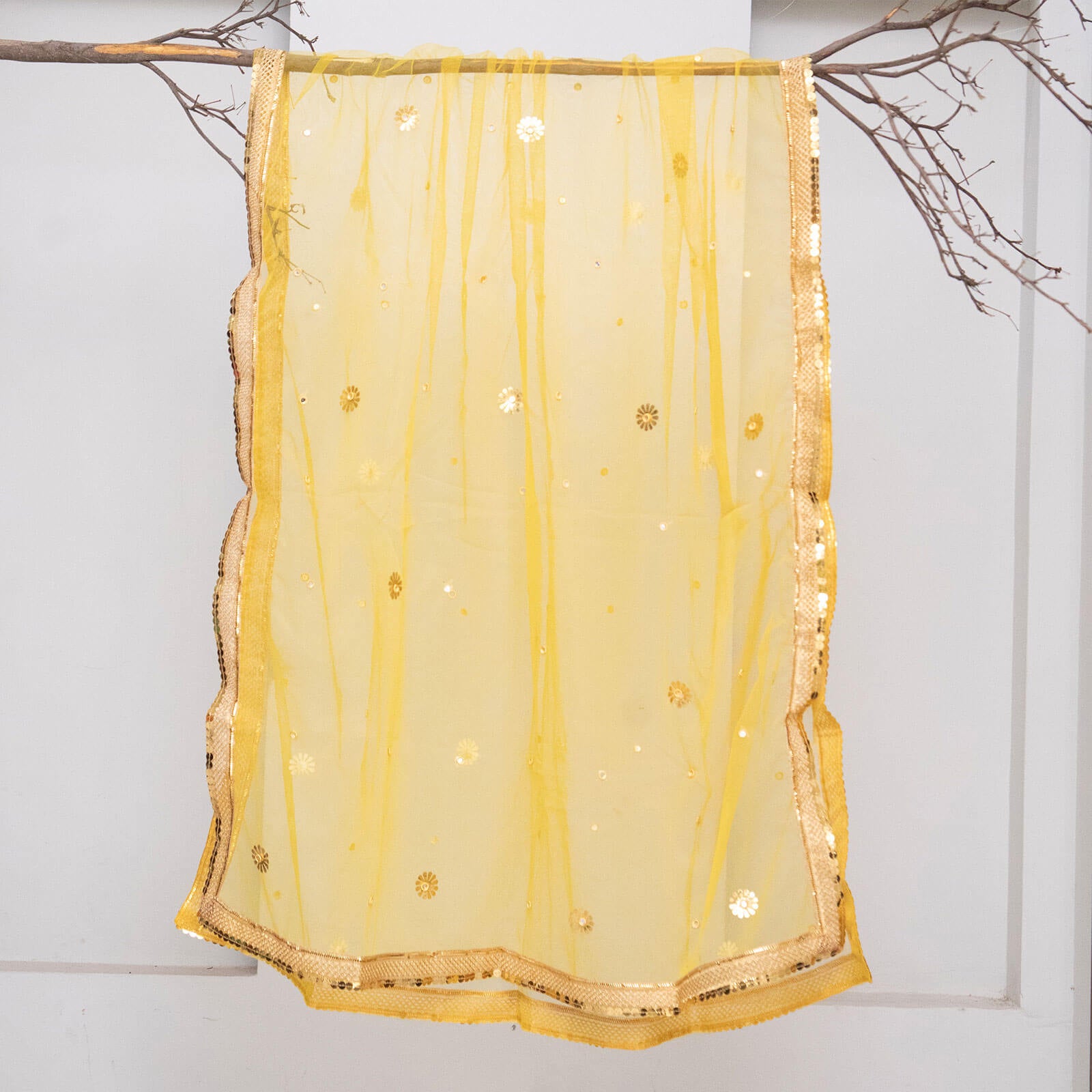 Net Yellow All Sided Gota Patti with Mirror Work Dupatta