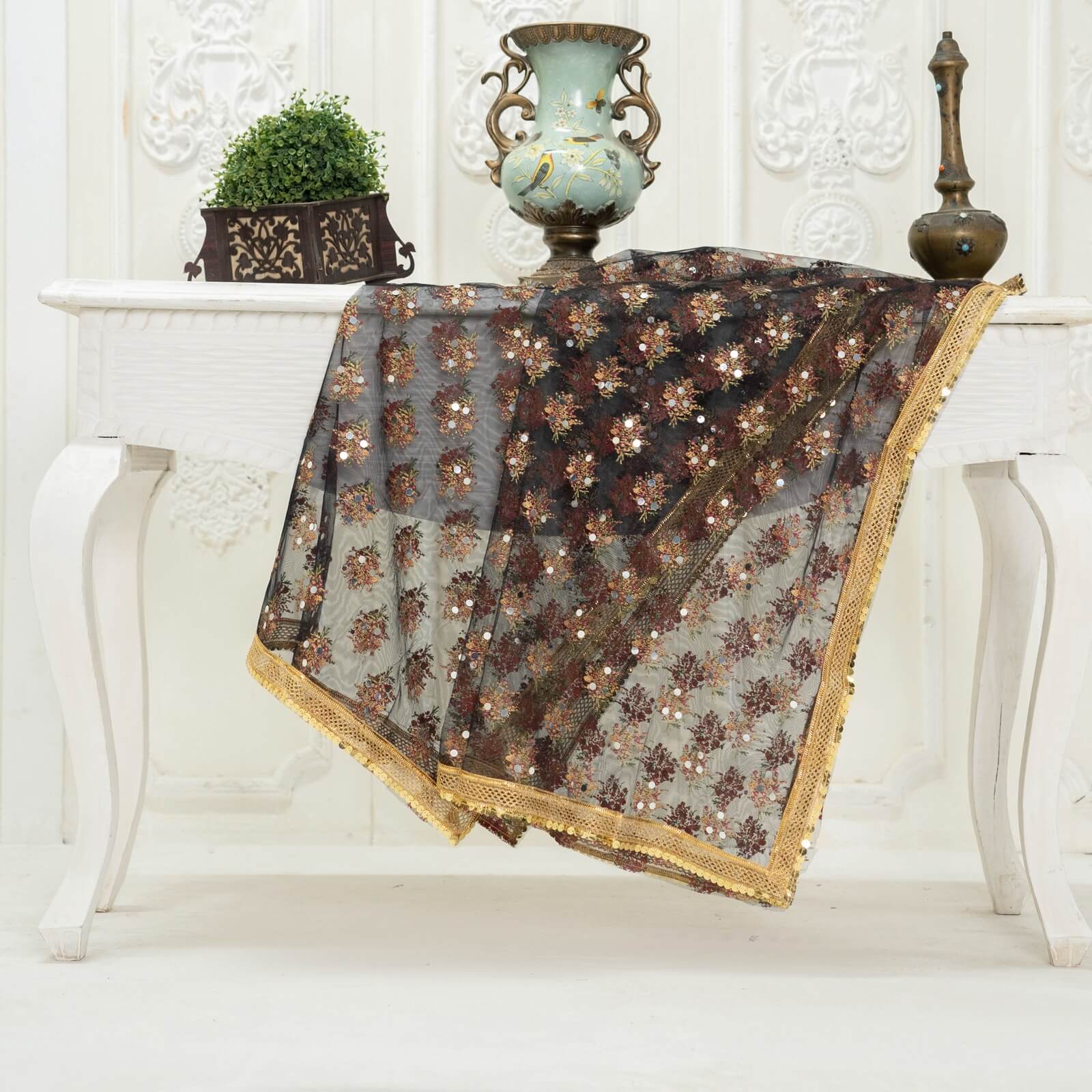 Net Black Floral Block Printed Gota Patti with Mirror Work Dupatta