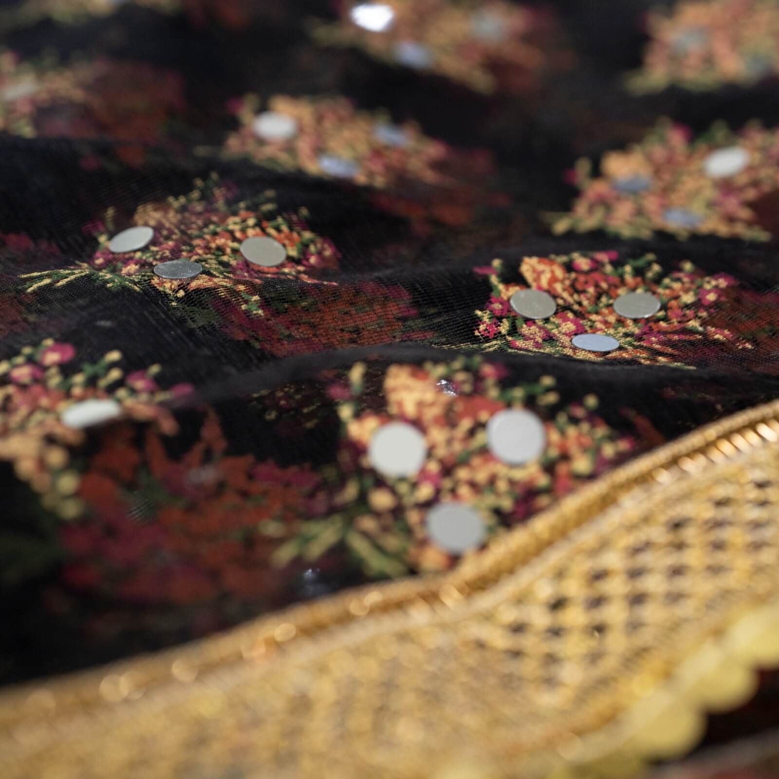 Net Black Floral Block Printed Gota Patti with Mirror Work Dupatta