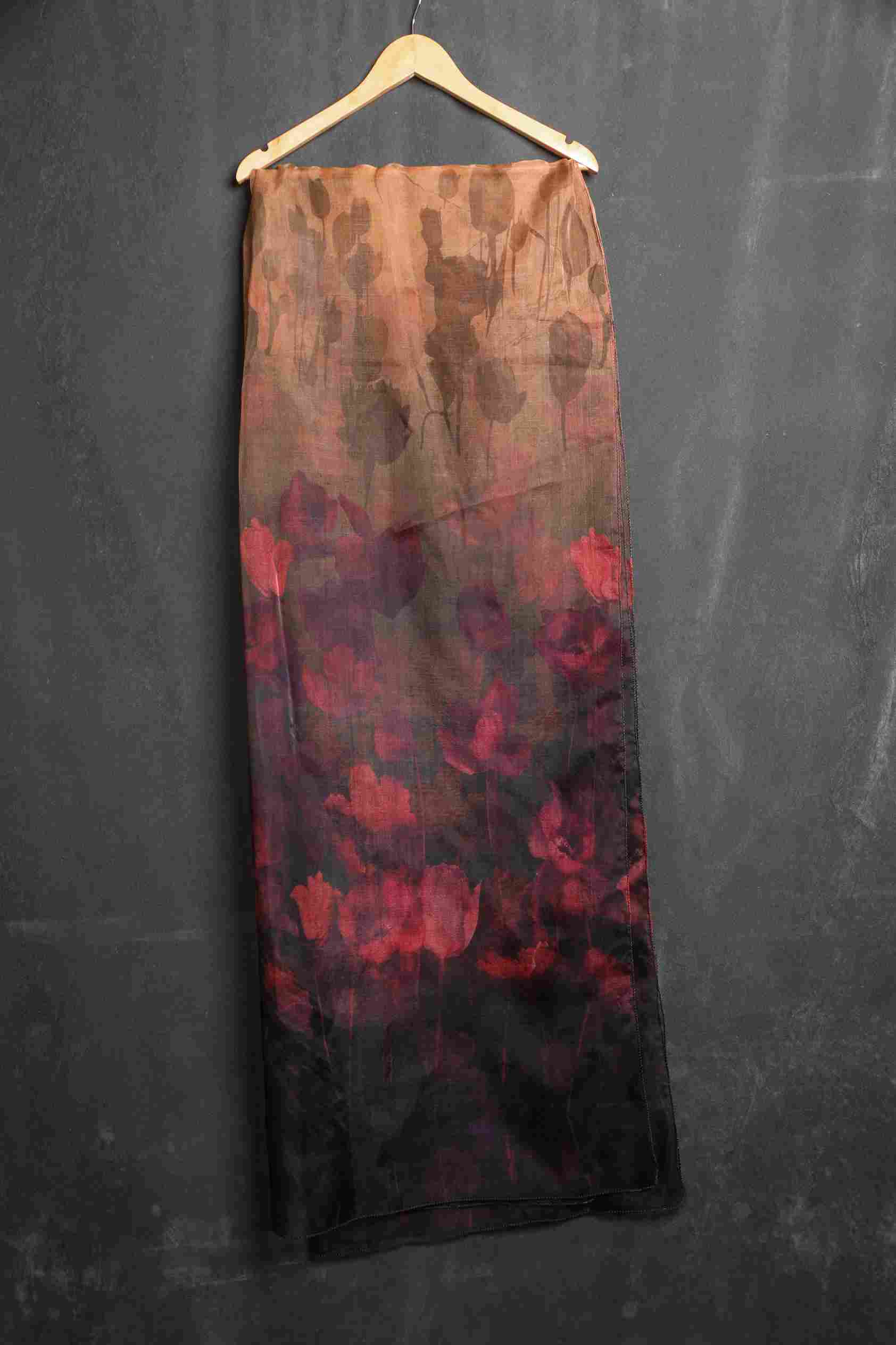 Organza Black Red Rose Printed Dupatta