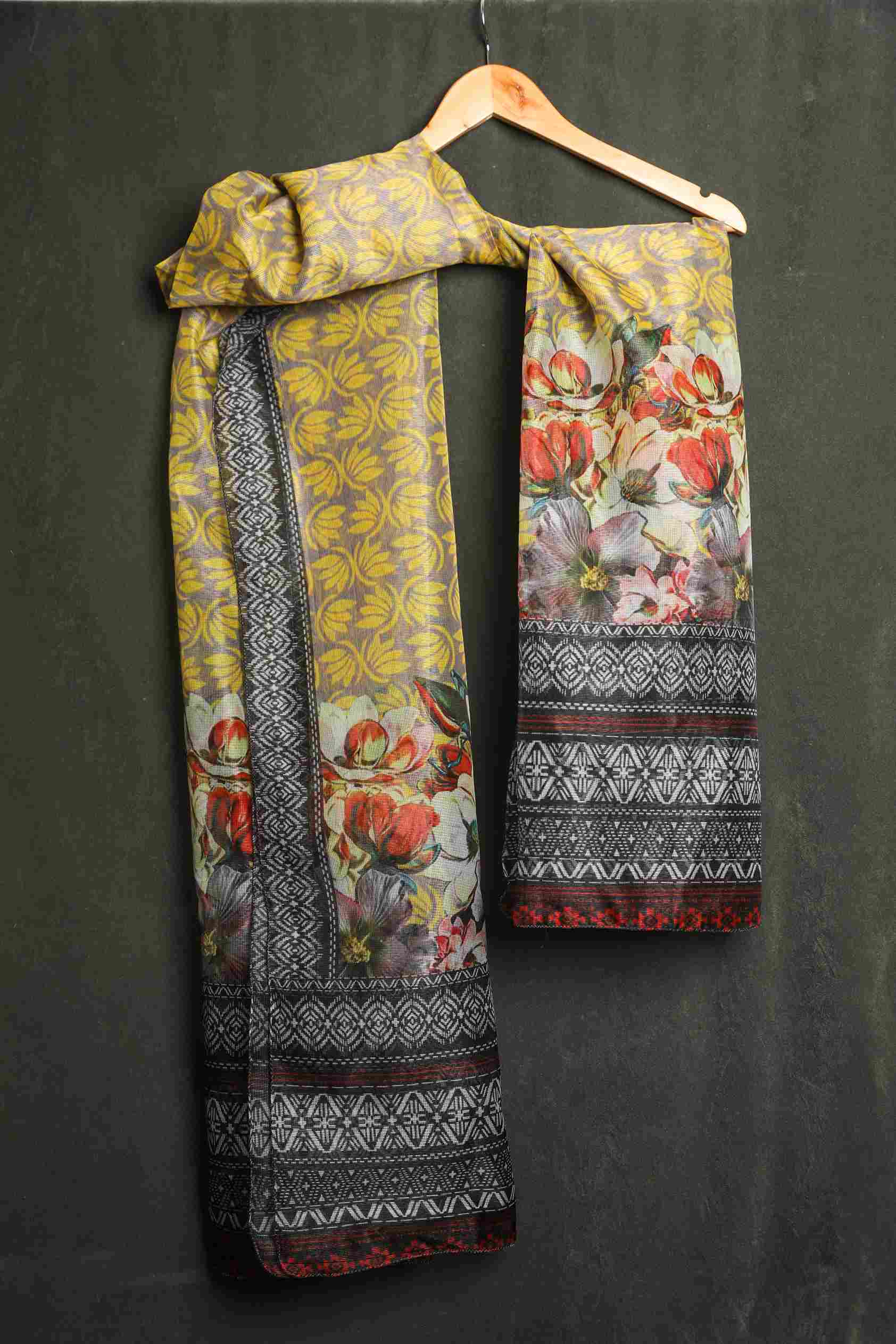 Organza Yellow Floral With Border Printed Dupatta