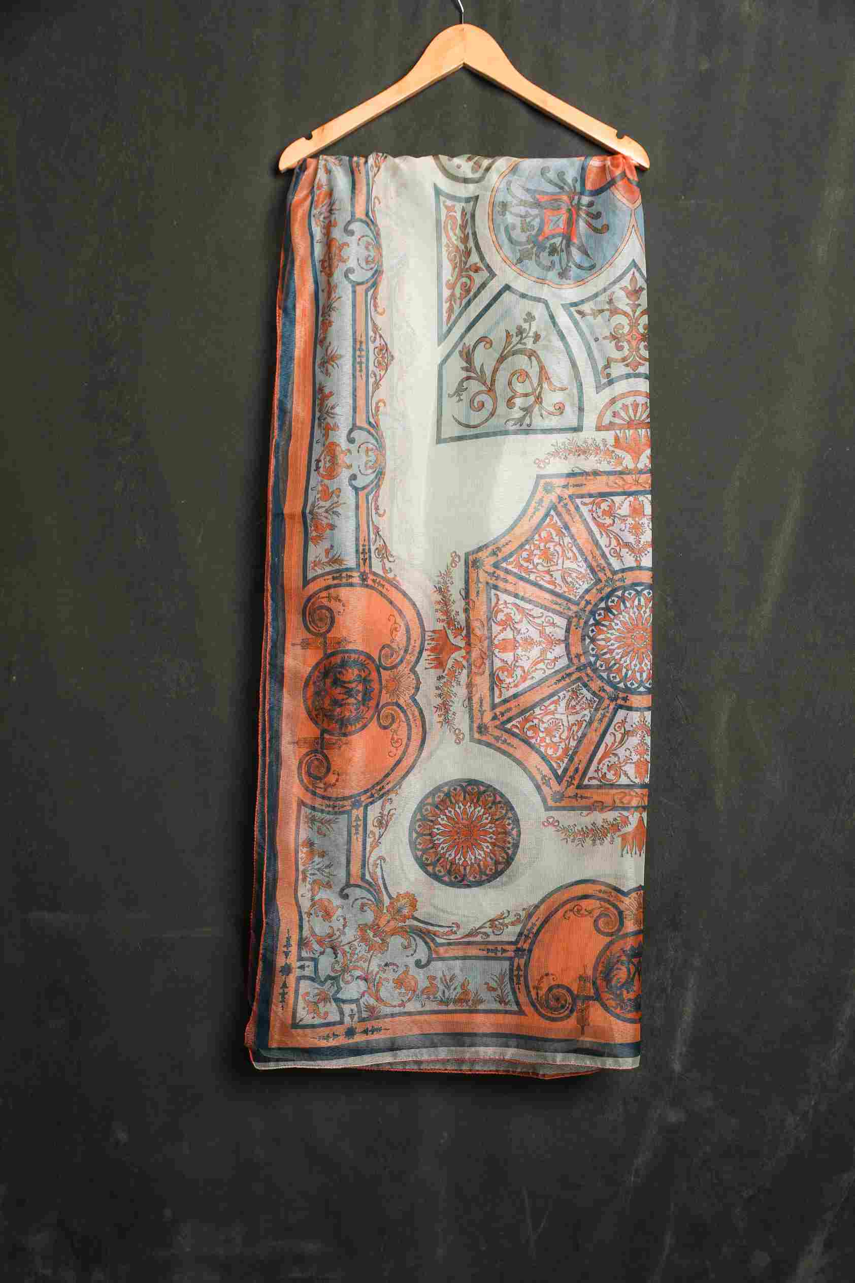 Organza Light Green and Orange Antoinette Poisson Printed Dupatta