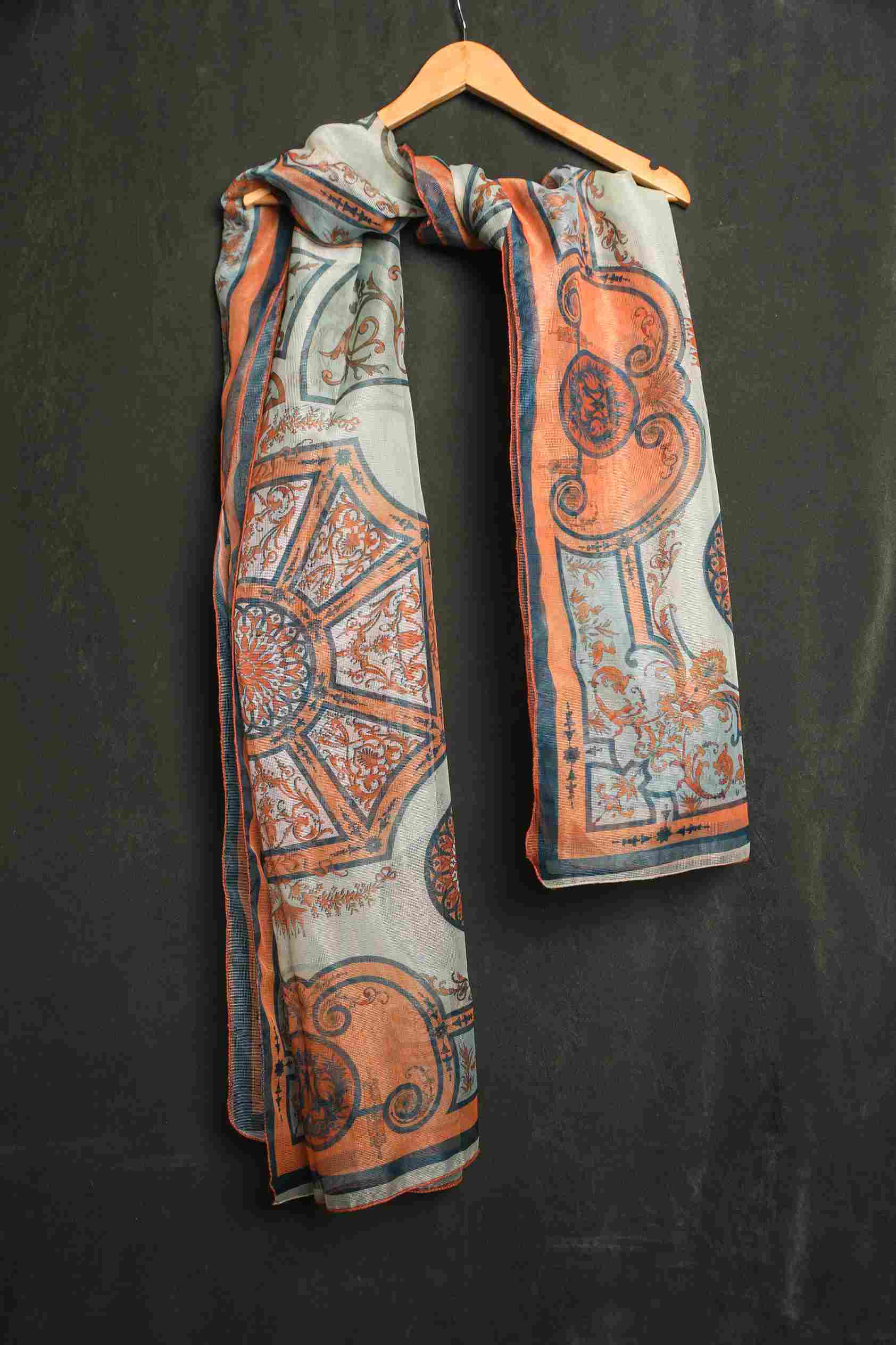 Organza Light Green and Orange Antoinette Poisson Printed Dupatta