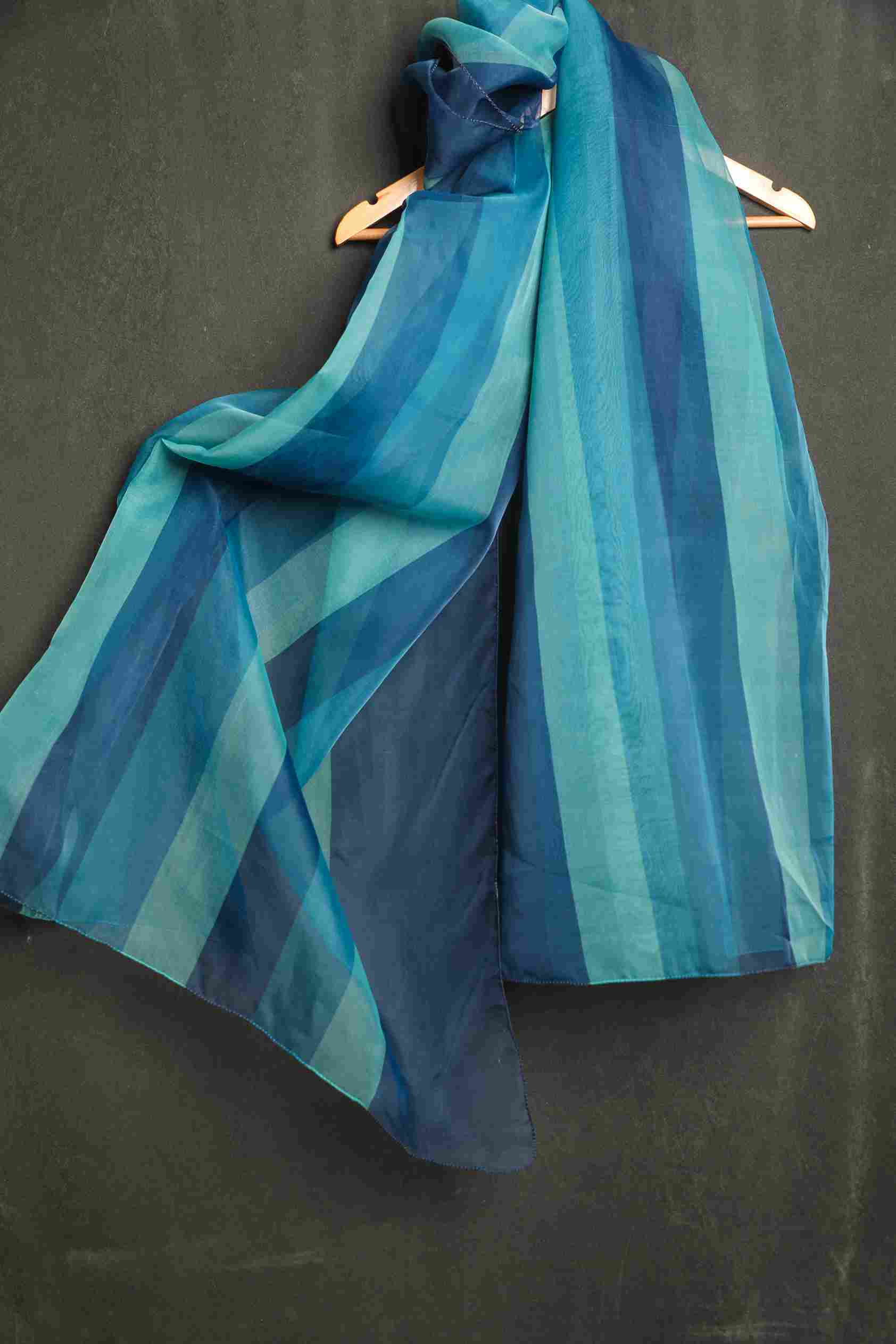 Organza Multi Blue Striped Printed Dupatta