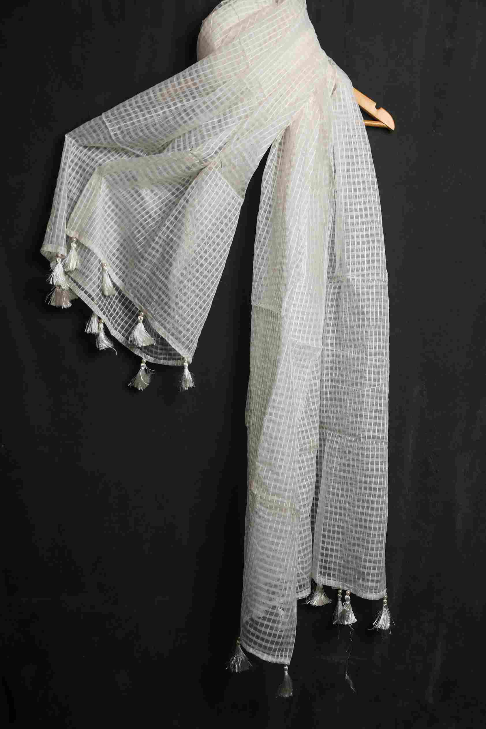 Organza White Checkered with Tussle Dupatta