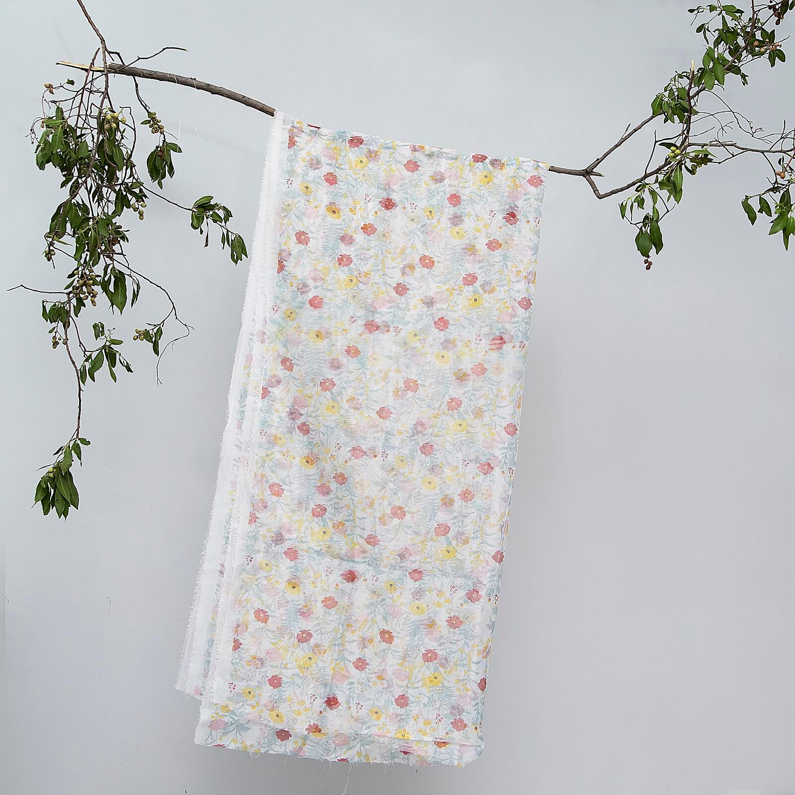 Cotton Net Organza White Floral Printed Dupatta