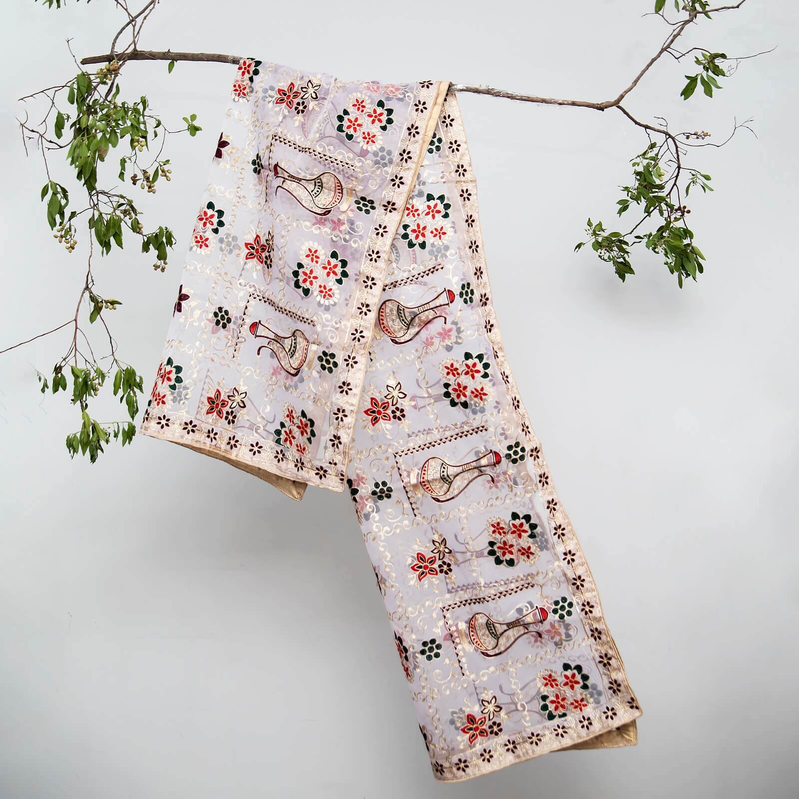 Organza White Abstract Embroidered All Sided Lace Dupatta