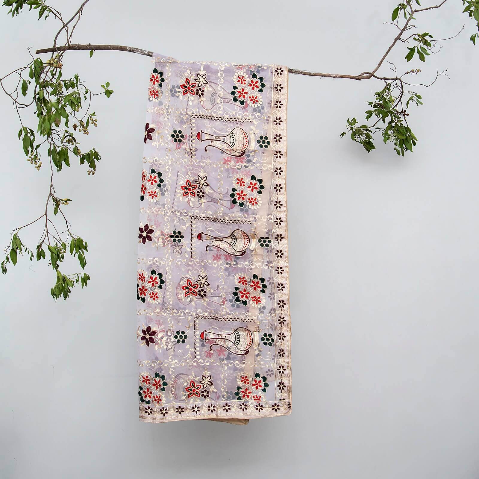 Organza White Abstract Embroidered All Sided Lace Dupatta