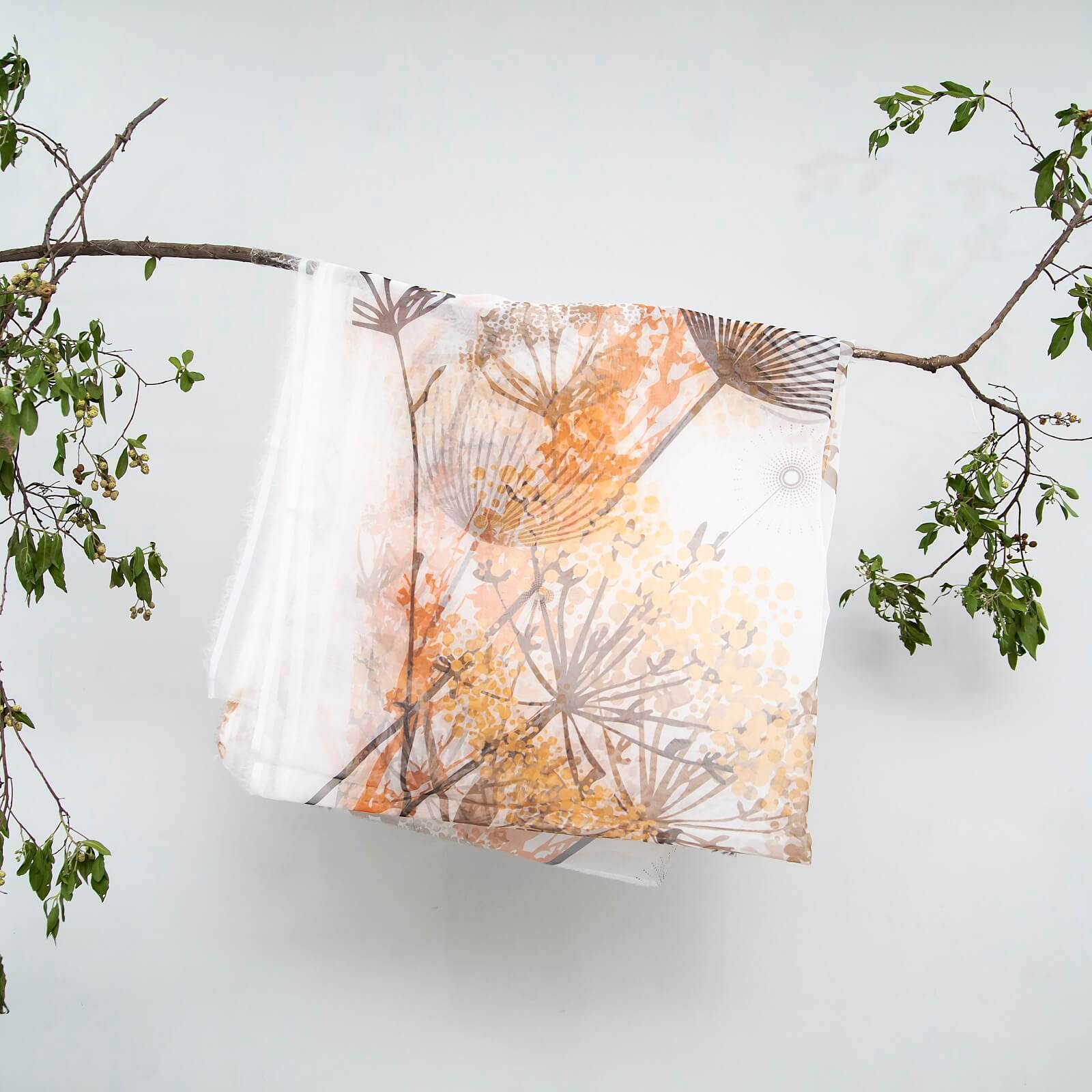 Organza White Tropical Leaves Printed Dupatta