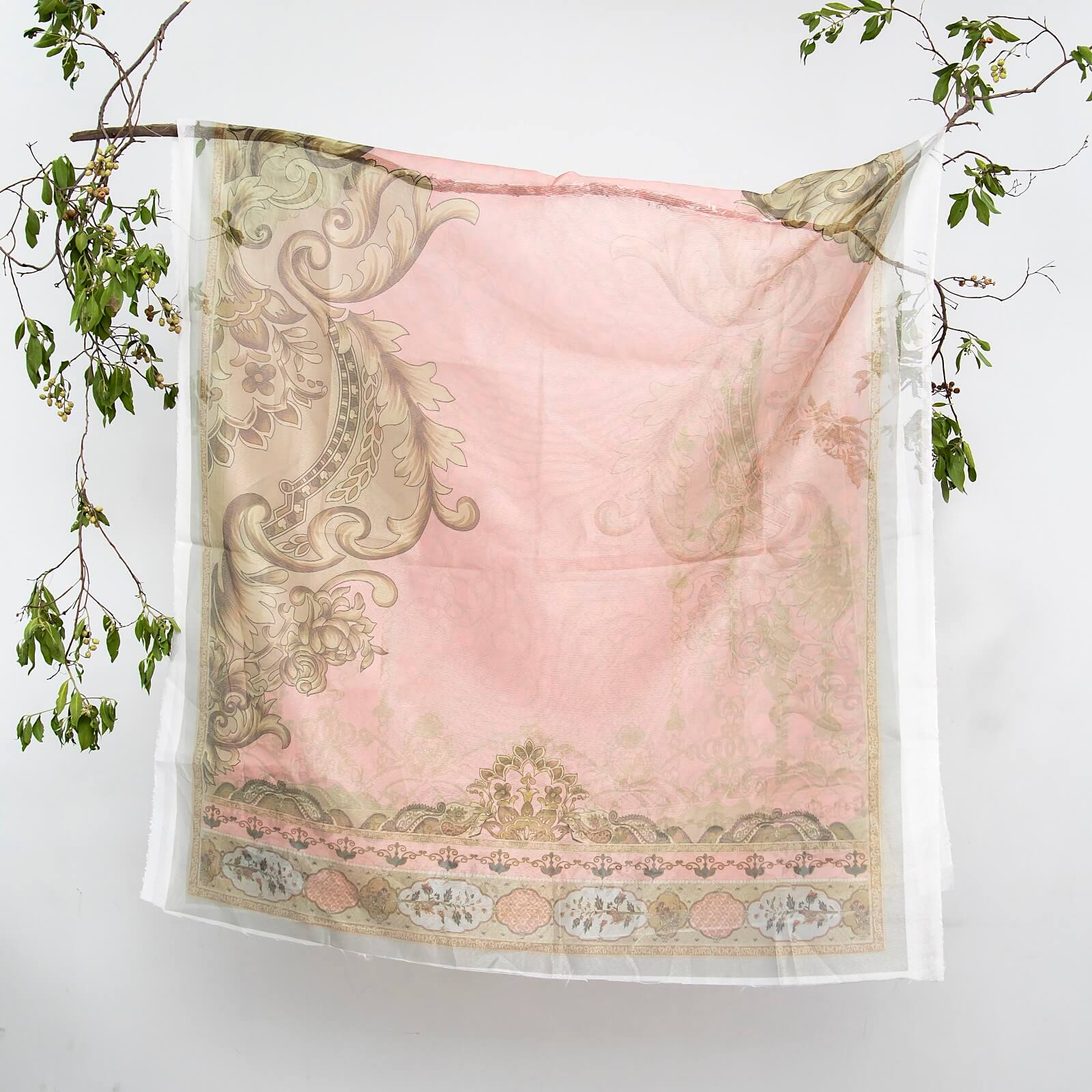 Cotton Net Organza Pink Damask Printed Dupatta