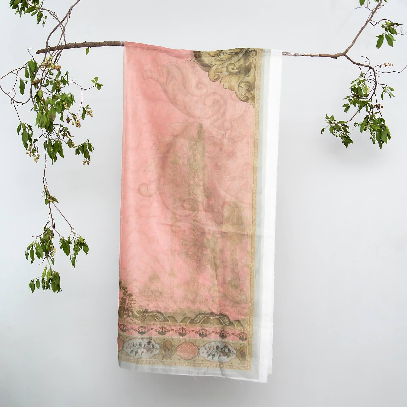 Cotton Net Organza Pink Damask Printed Dupatta