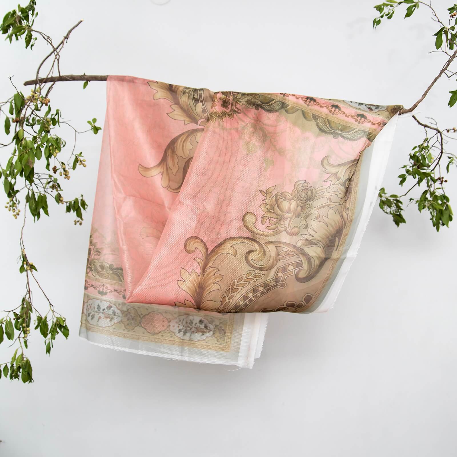 Cotton Net Organza Pink Damask Printed Dupatta