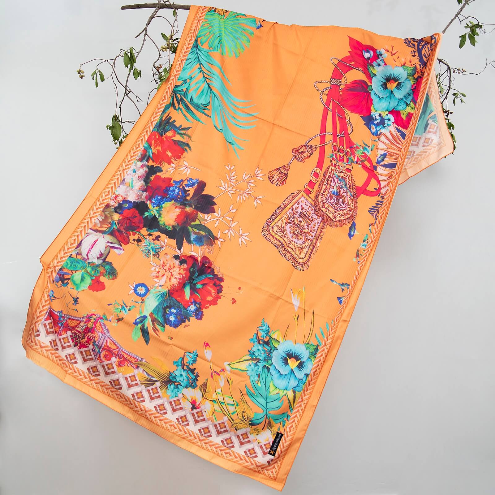Poly Lawn Orange Floral Printed Dupatta