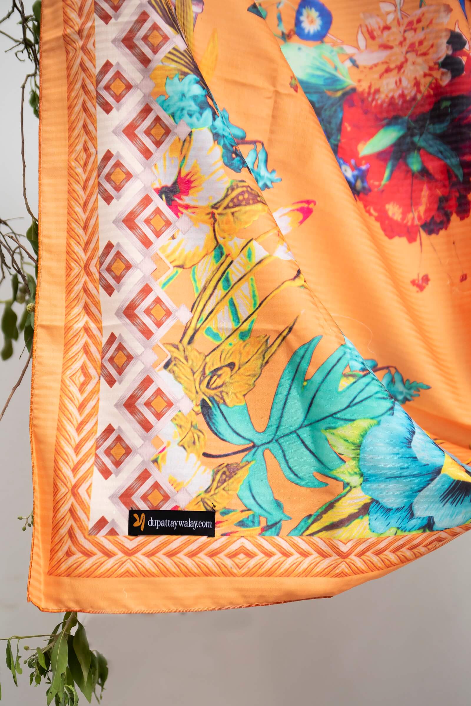 Poly Lawn Orange Floral Printed Dupatta