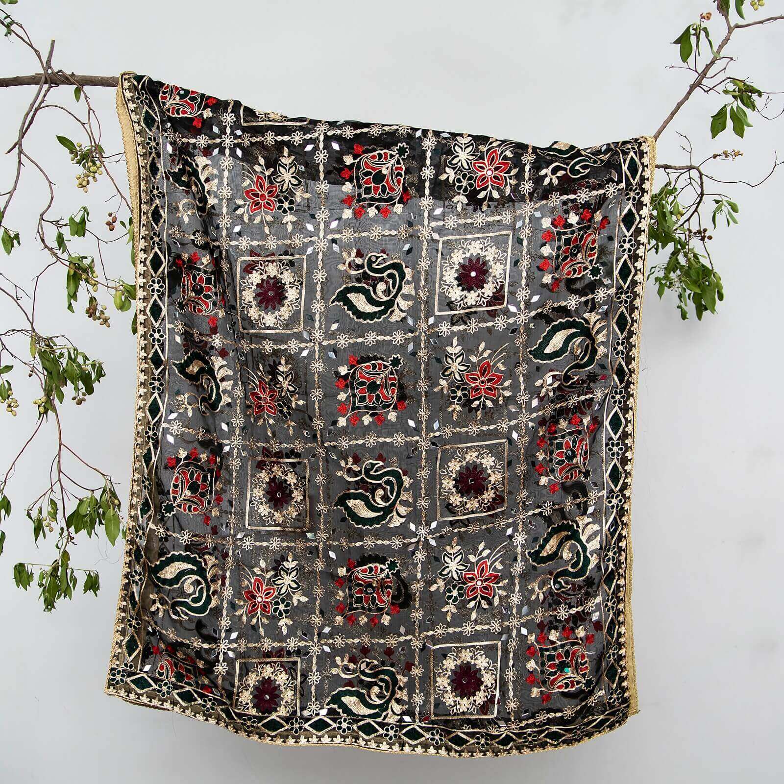 Organza Black Abstract Embroidered All Sided Lace Dupatta