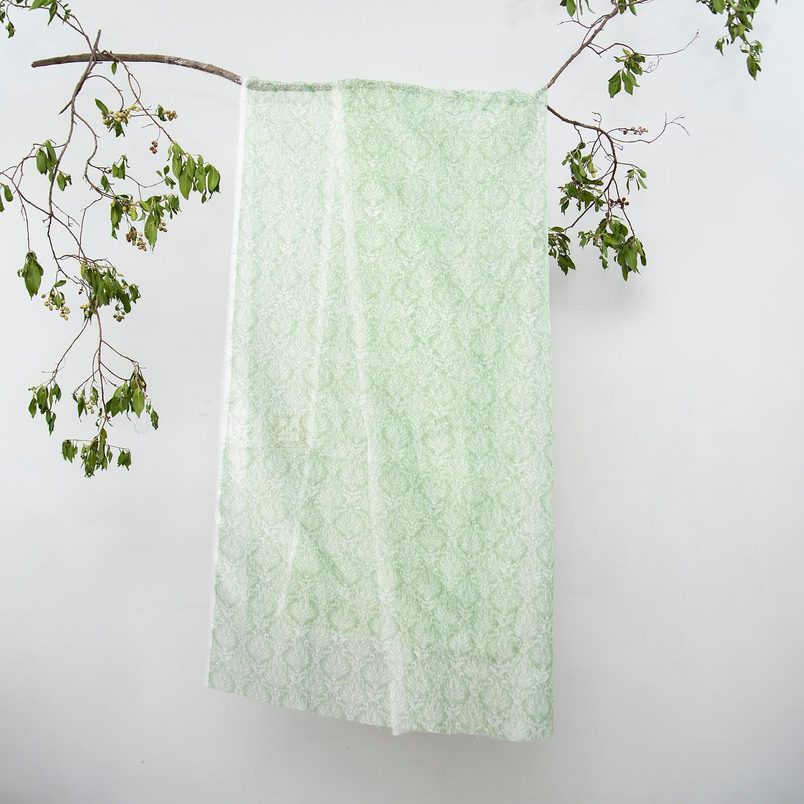 Cotton Net Organza Green and White Damask Printed Dupatta