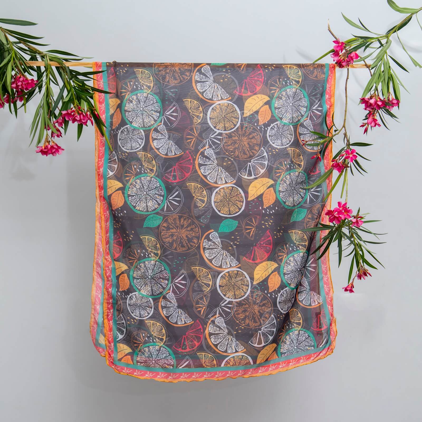 Silk Carbon Black Citrus Printed Scarf