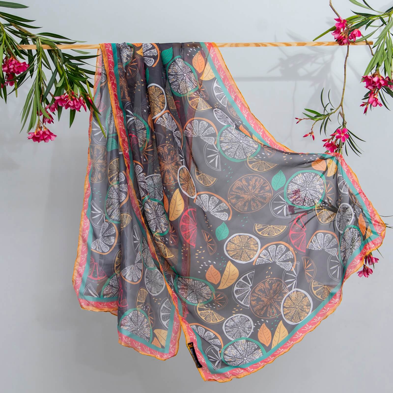 Silk Carbon Black Citrus Printed Scarf
