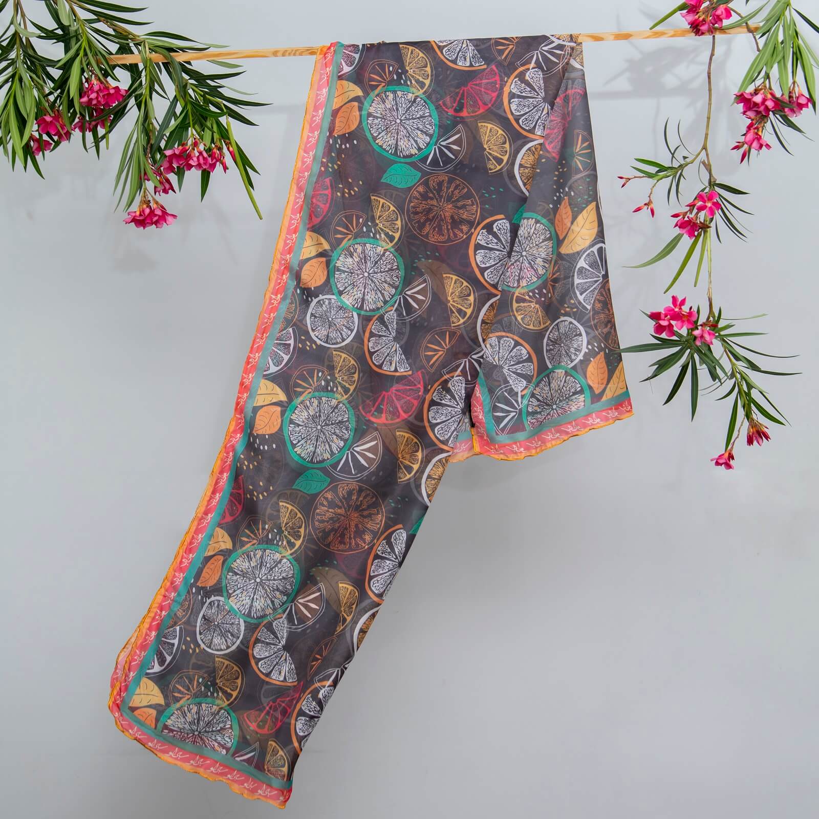 Silk Carbon Black Citrus Printed Scarf