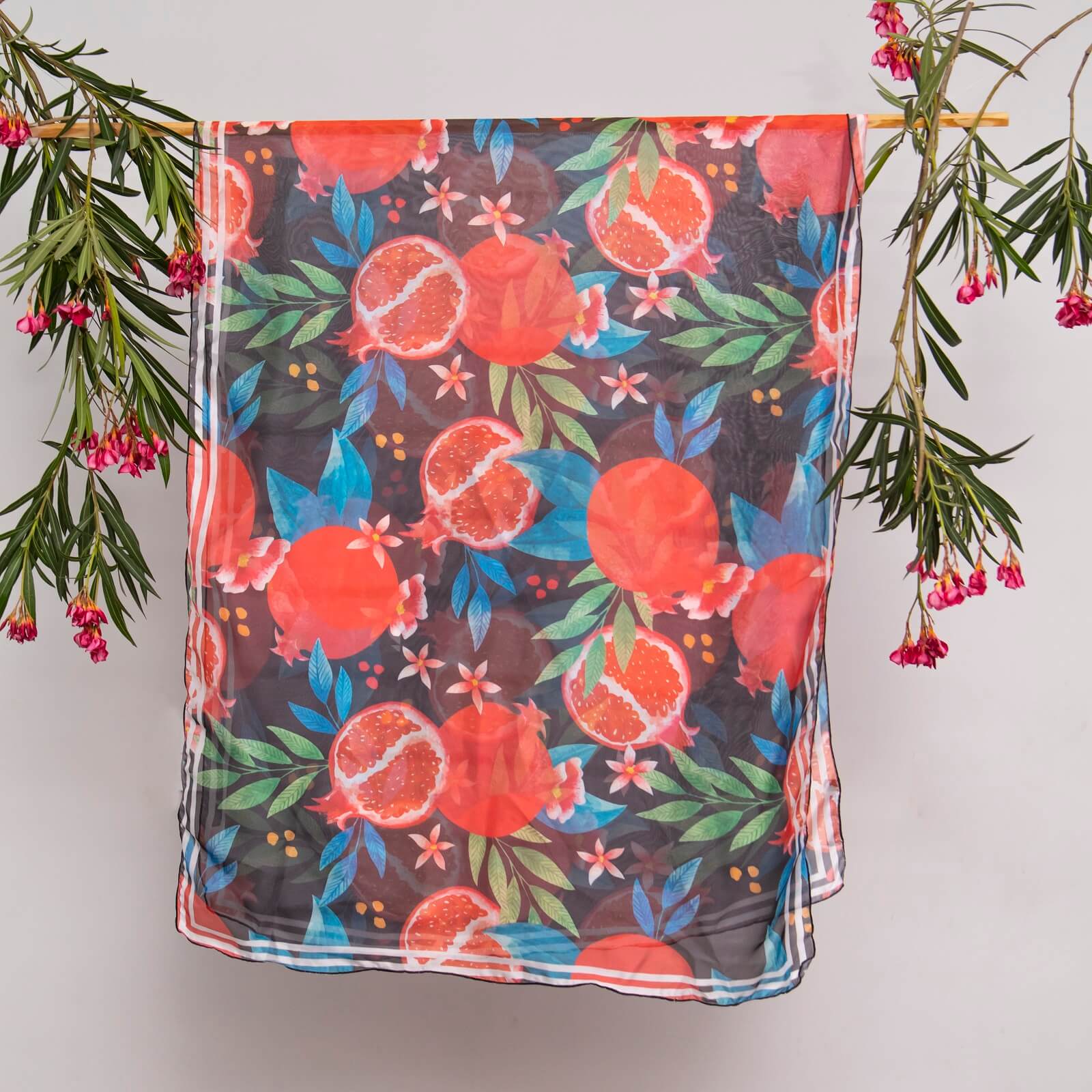 Silk Carbon Black Pomegranate Printed Scarf