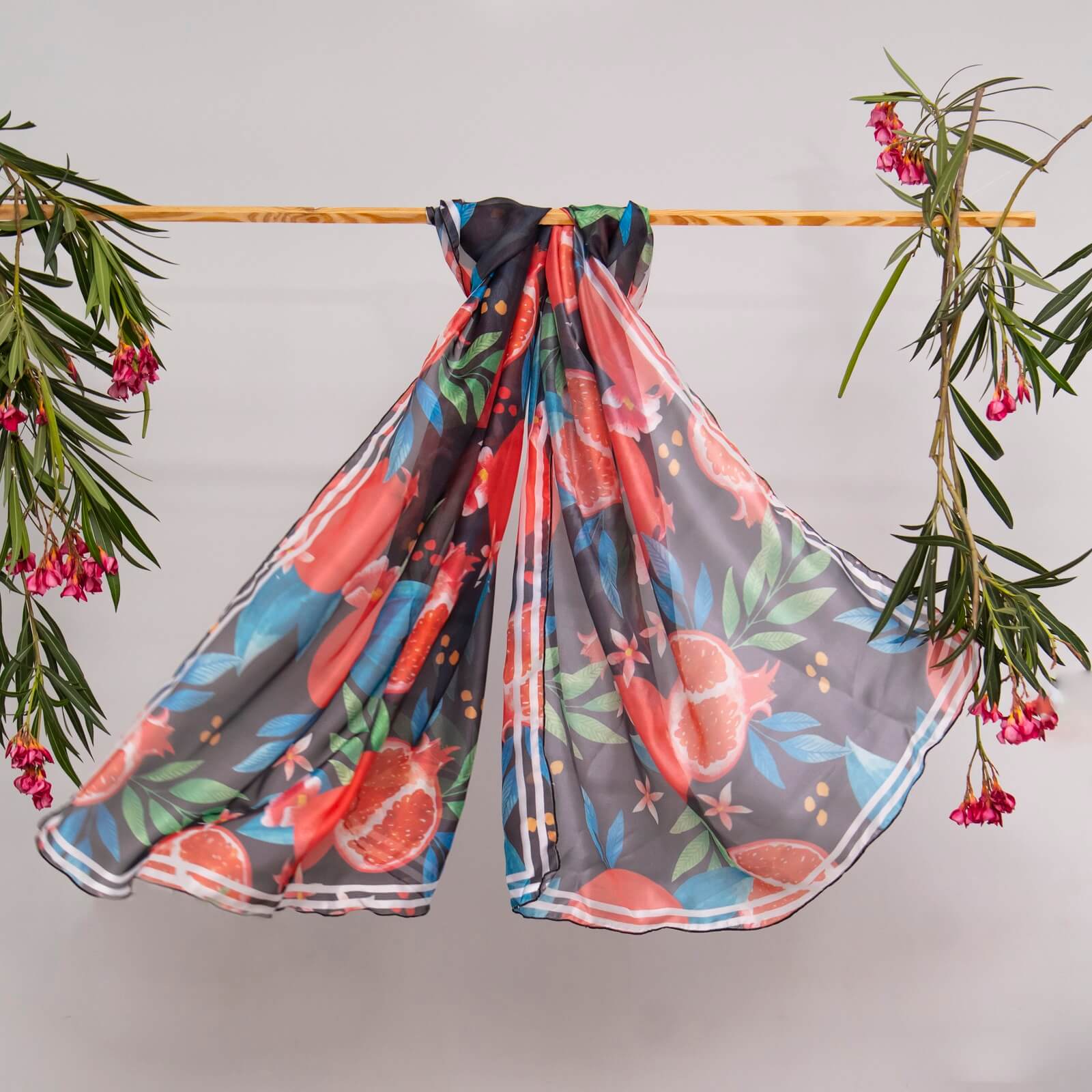 Silk Carbon Black Pomegranate Printed Scarf