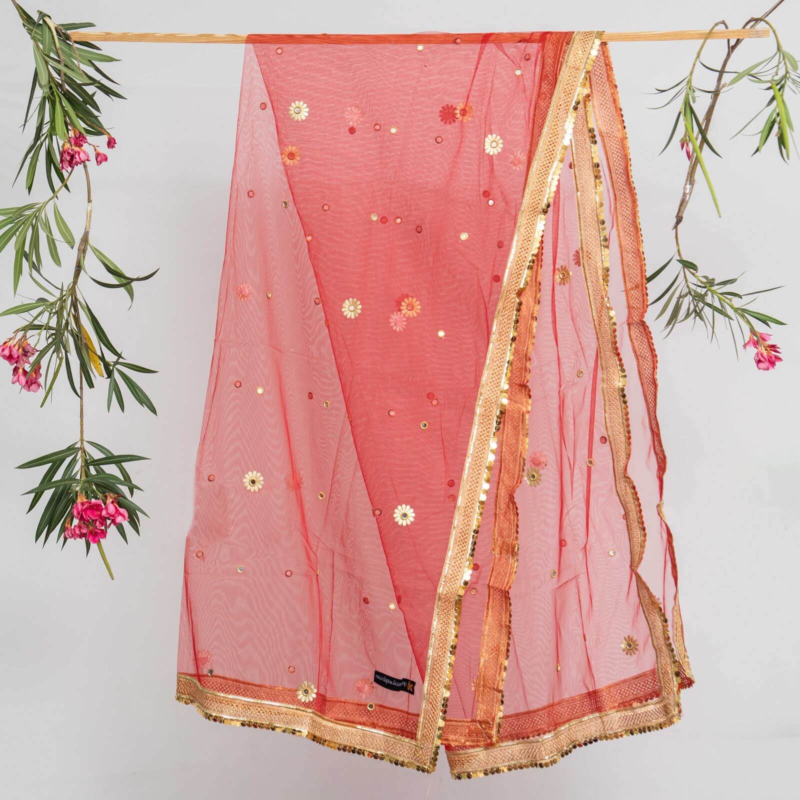 Net Pink All Sided Gota Patti with Mirror Work Dupatta