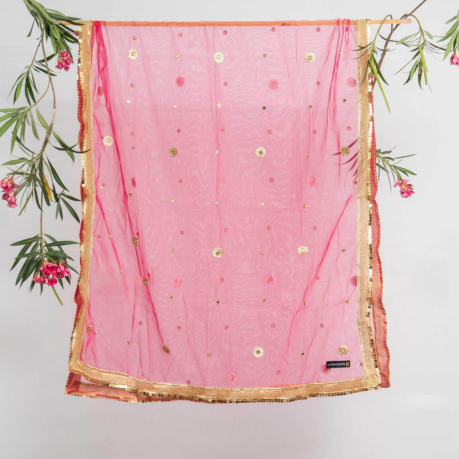 Net Pink All Sided Gota Patti with Mirror Work Dupatta