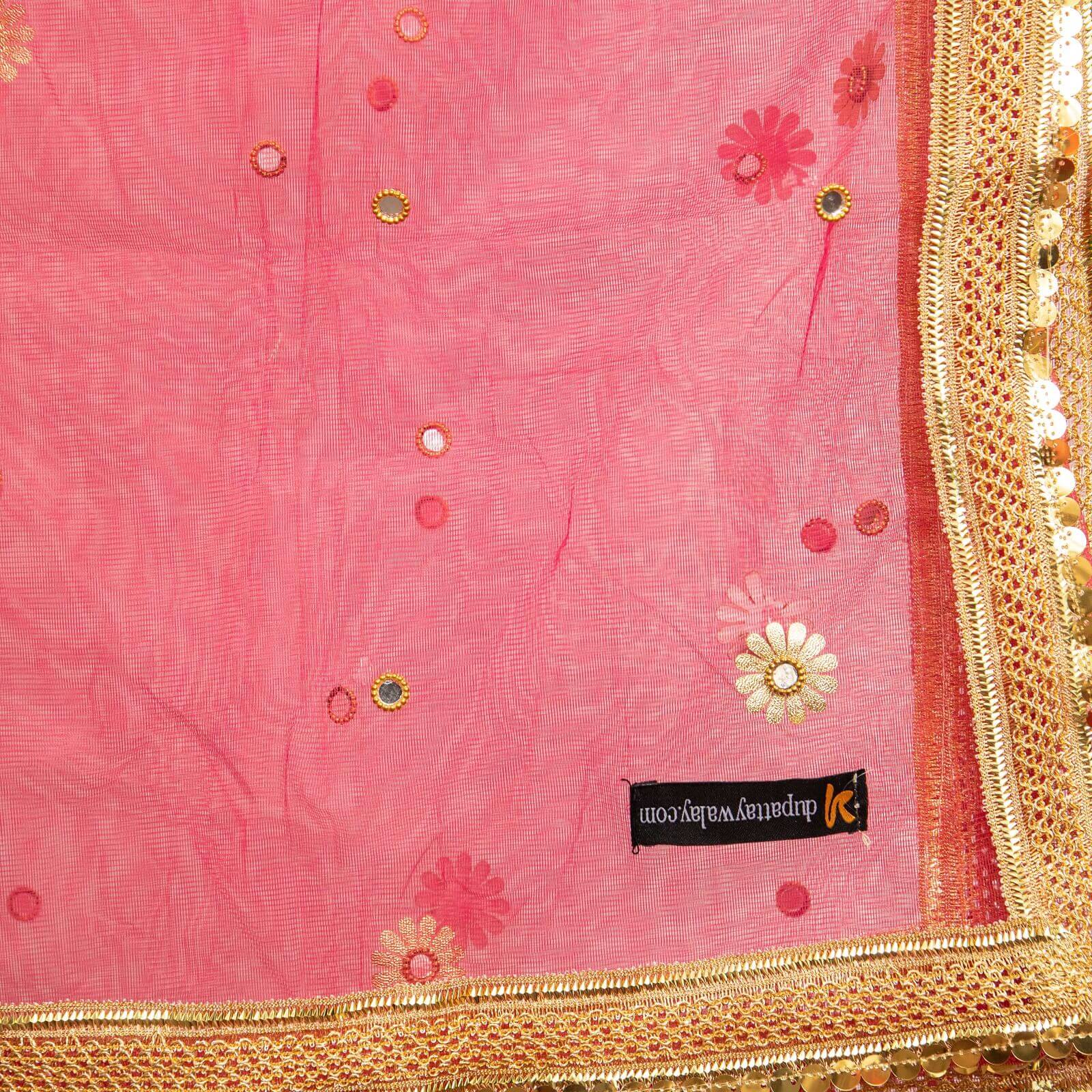 Net Pink All Sided Gota Patti with Mirror Work Dupatta
