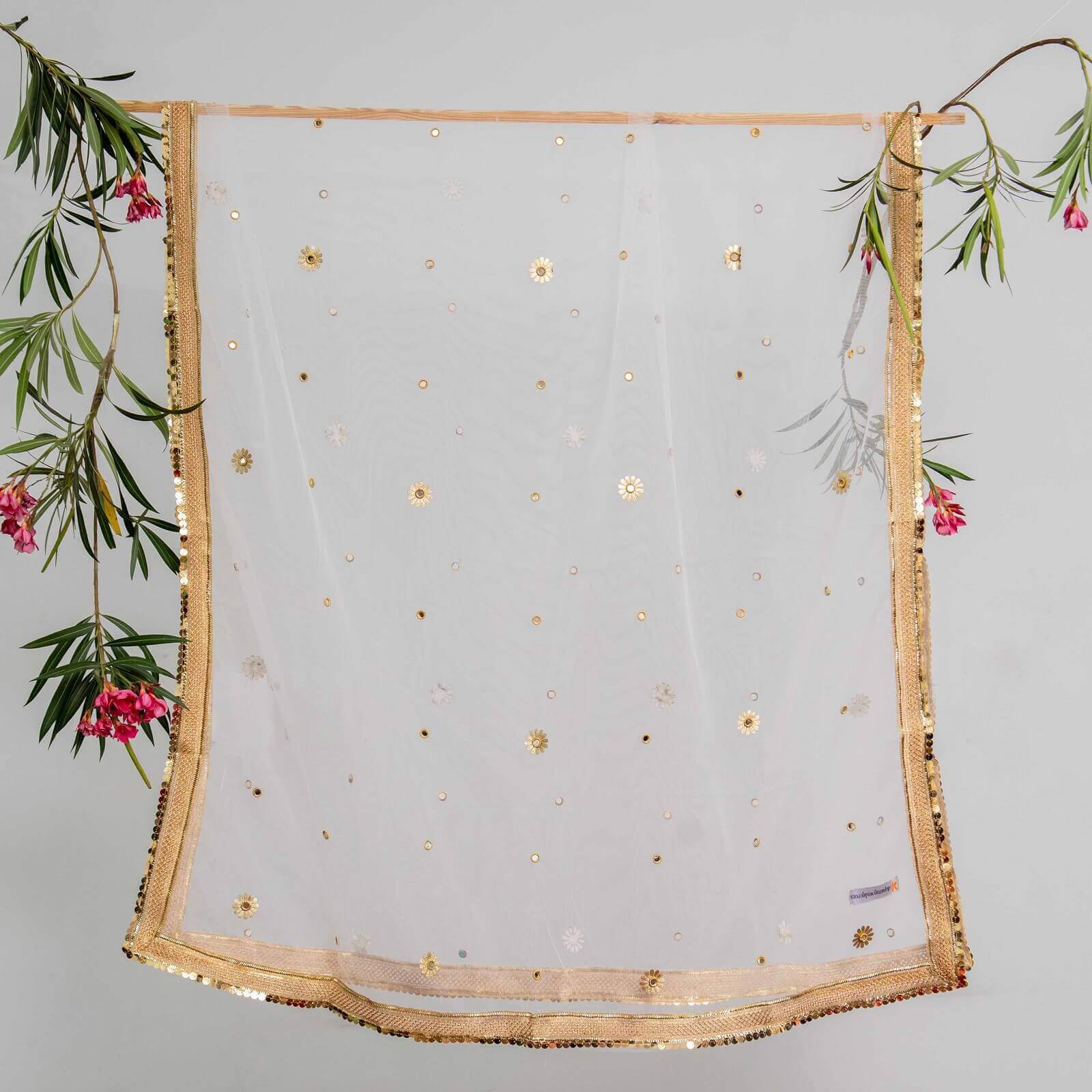 Net White All Sided Gota Patti with Mirror Work Dupatta