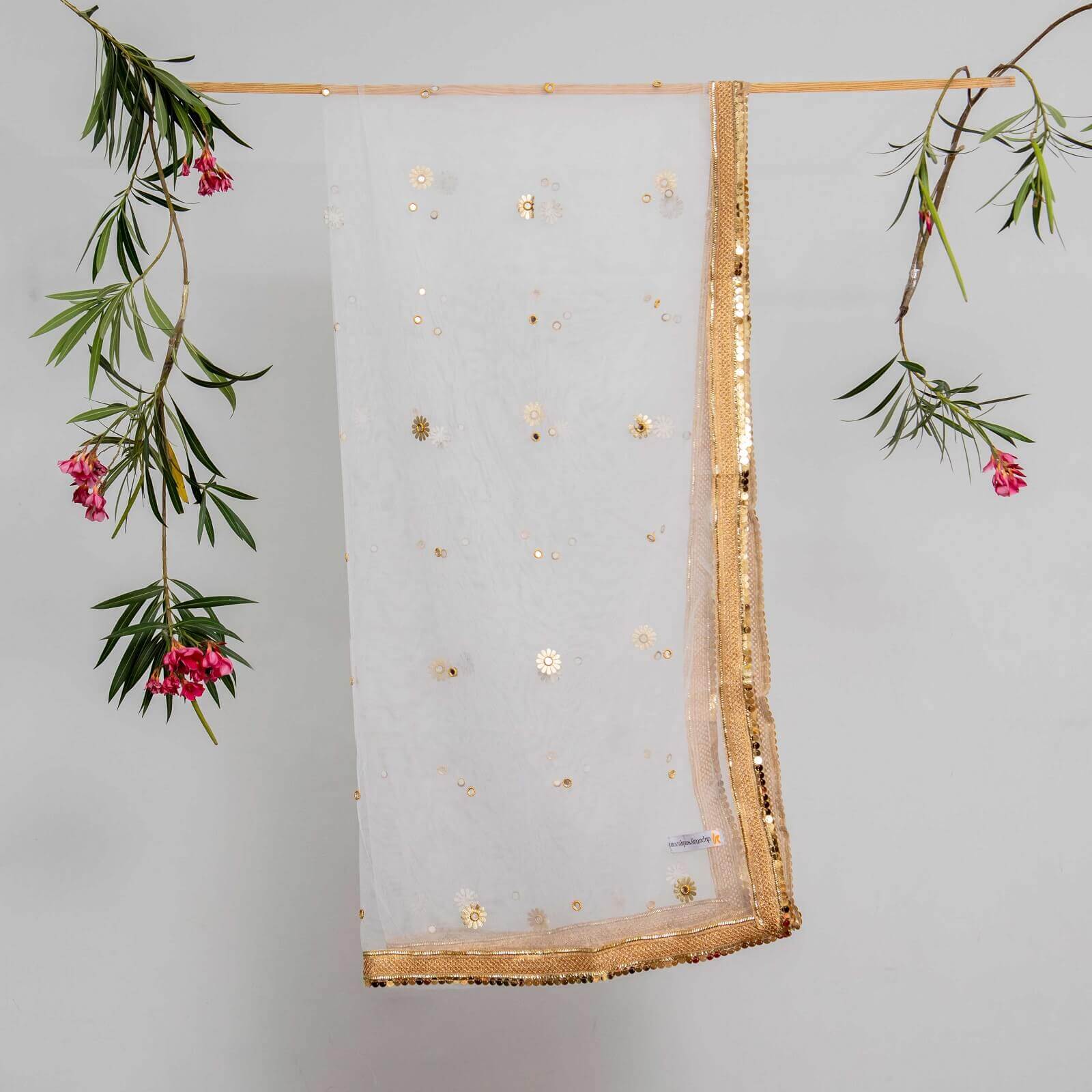 Net White All Sided Gota Patti with Mirror Work Dupatta
