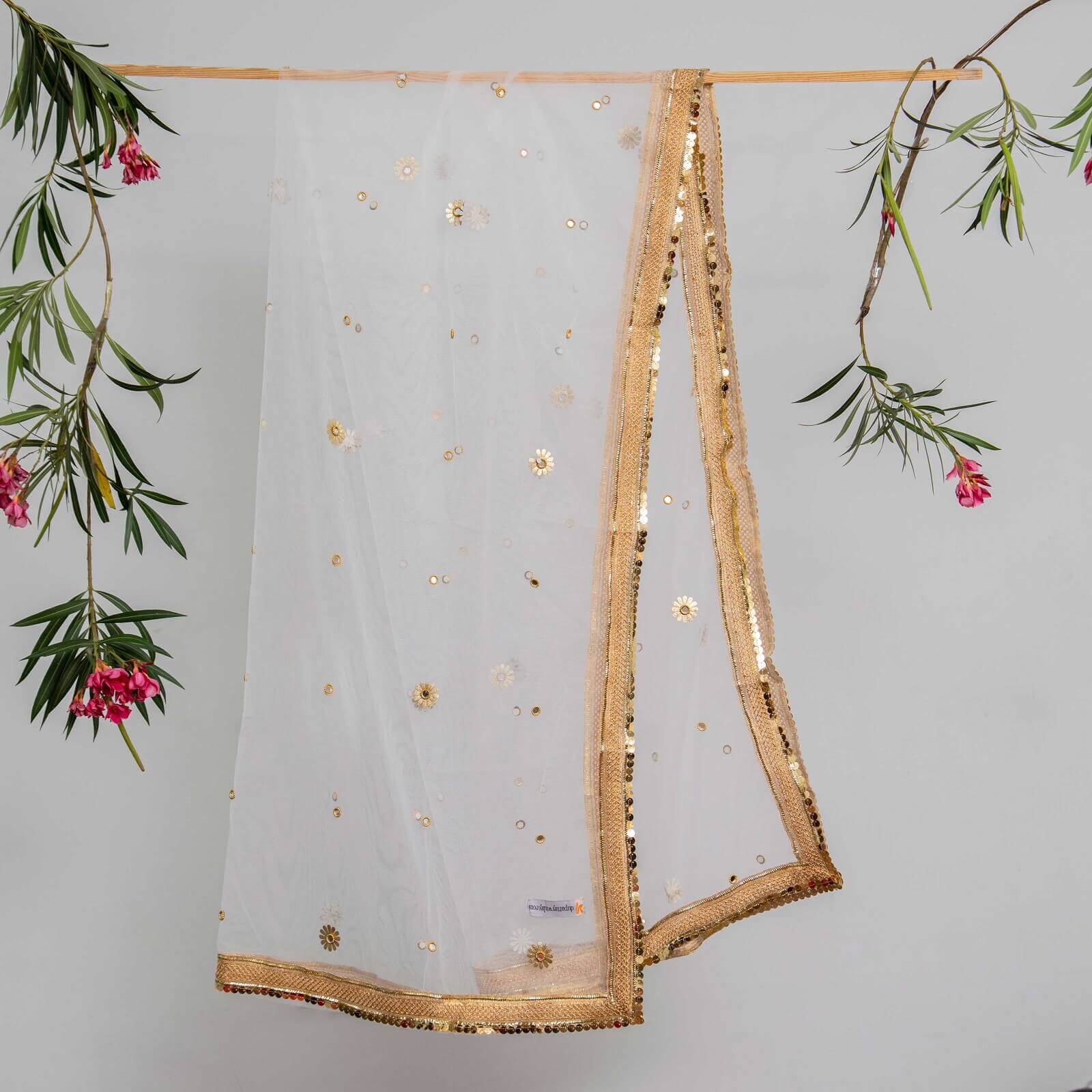 Net White All Sided Gota Patti with Mirror Work Dupatta