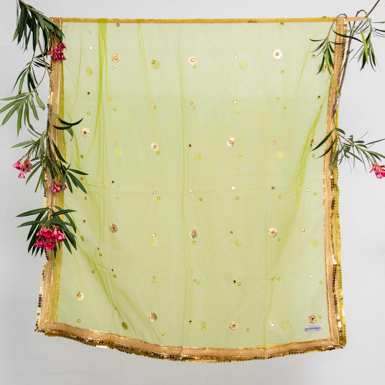 Net Green All Sided Gota Patti with Mirror Work Dupatta