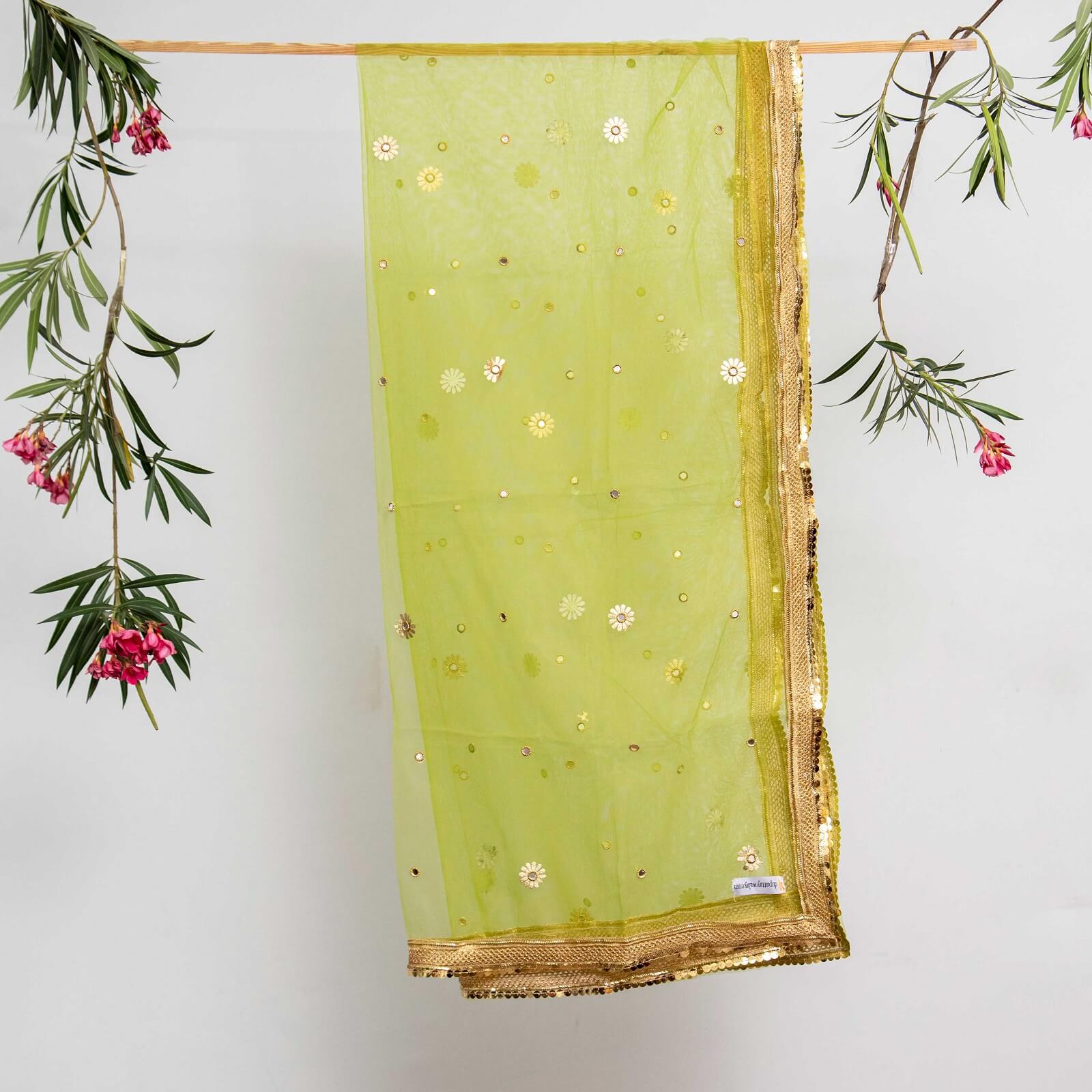 Net Green All Sided Gota Patti with Mirror Work Dupatta