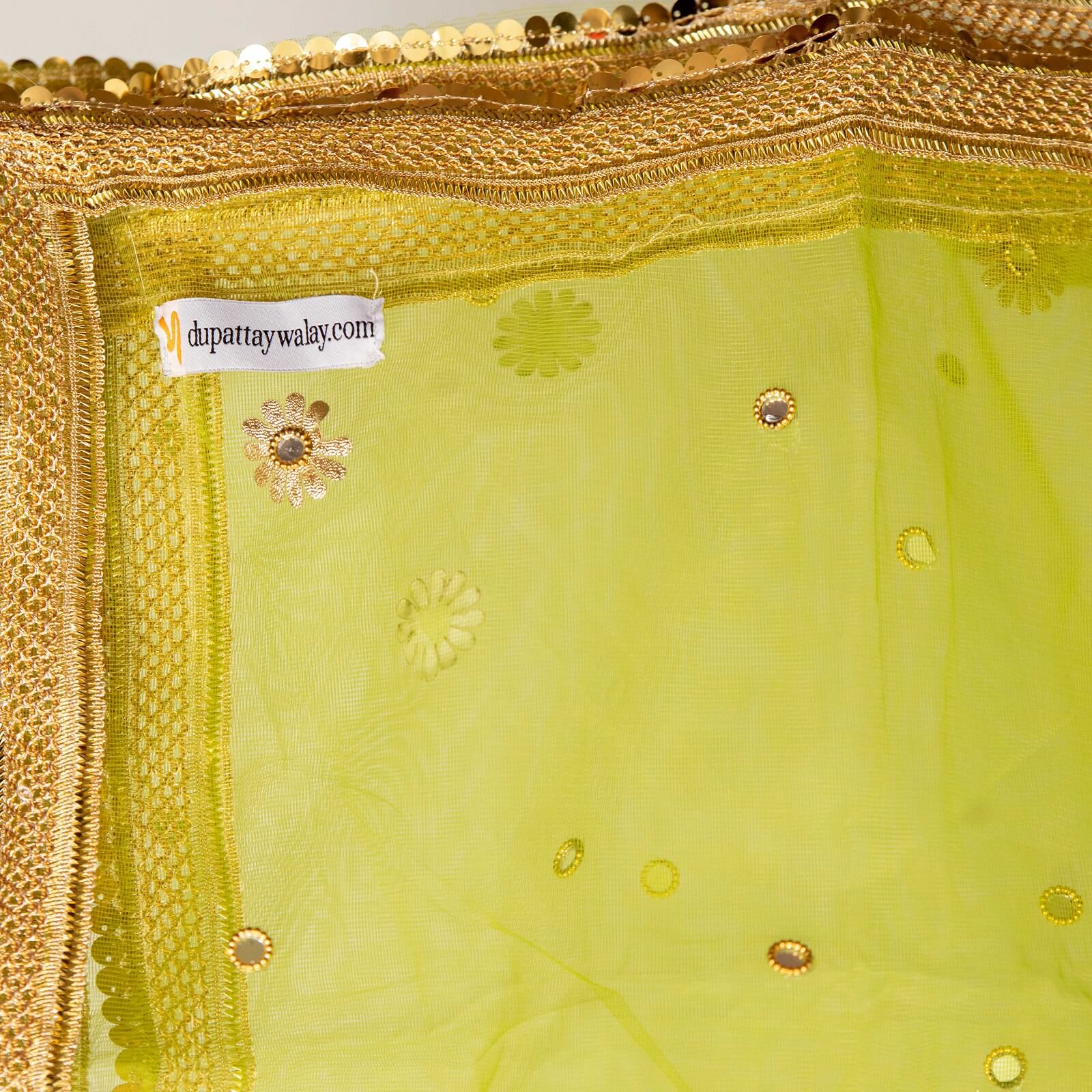Net Green All Sided Gota Patti with Mirror Work Dupatta