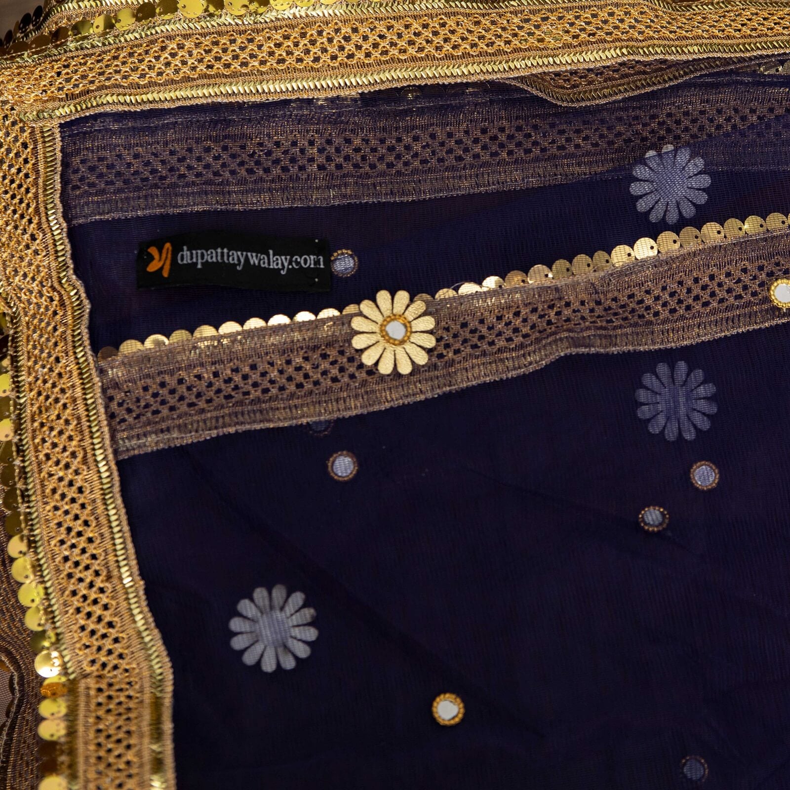 Net Navy Blue All Sided Gota Patti with Mirror Work Dupatta