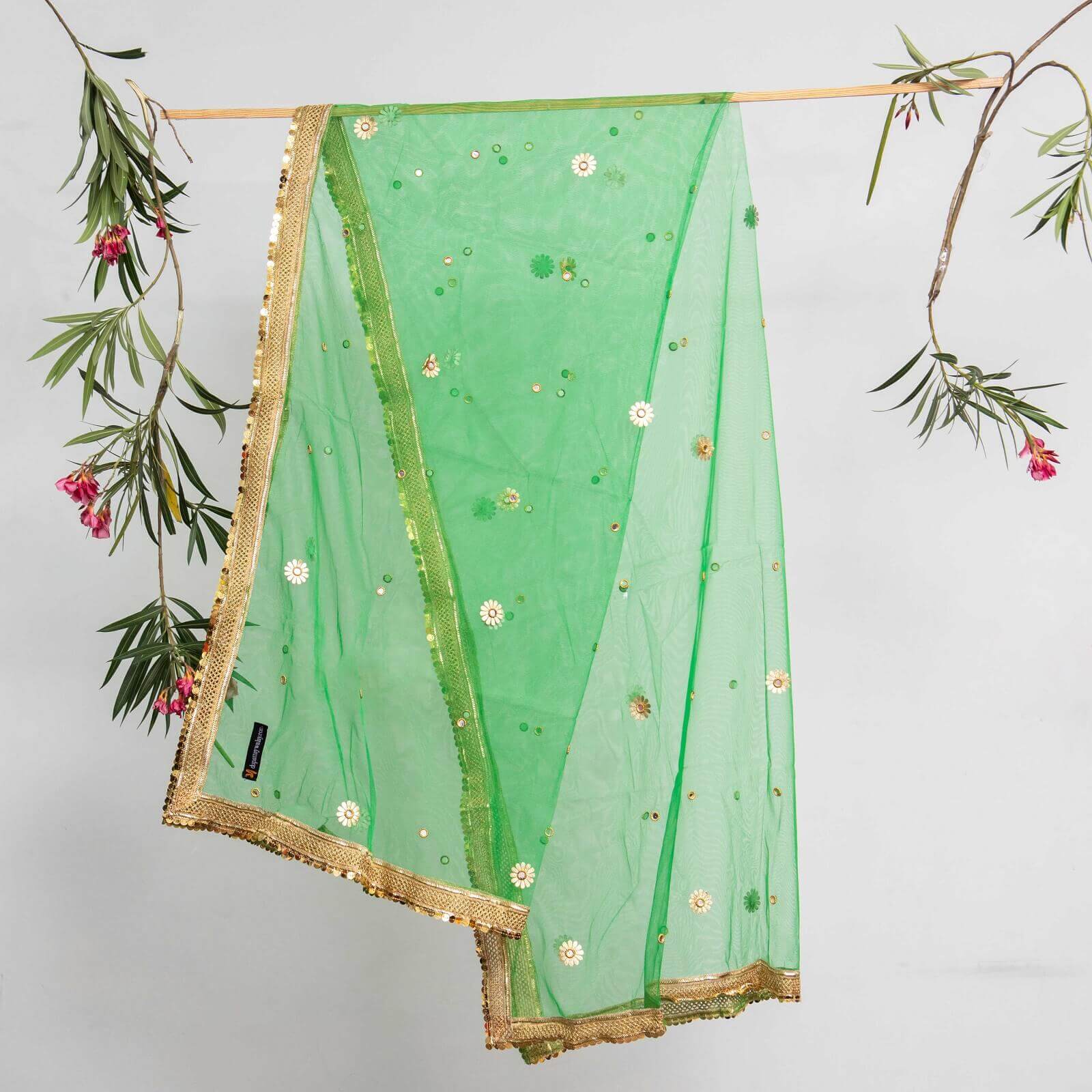 Net Forest Green All Sided Gota Patti with Mirror Work Dupatta
