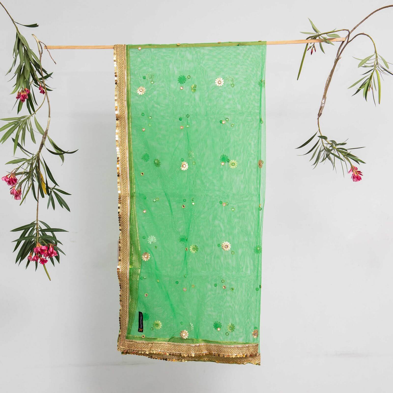 Net Forest Green All Sided Gota Patti with Mirror Work Dupatta