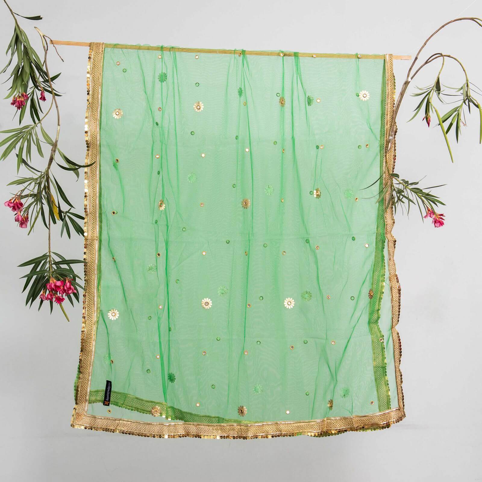 Net Forest Green All Sided Gota Patti with Mirror Work Dupatta