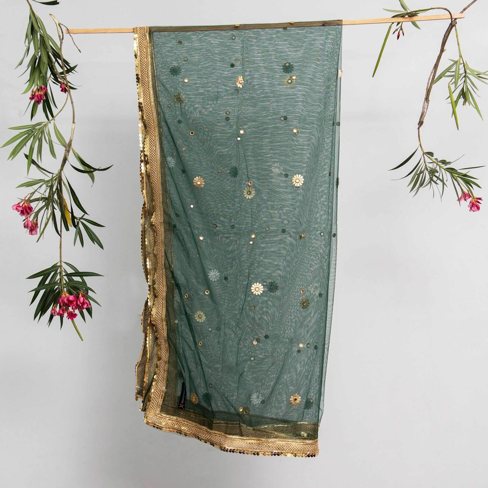 Net Bottle Green All Sided Gota Patti with Mirror Work Dupatta