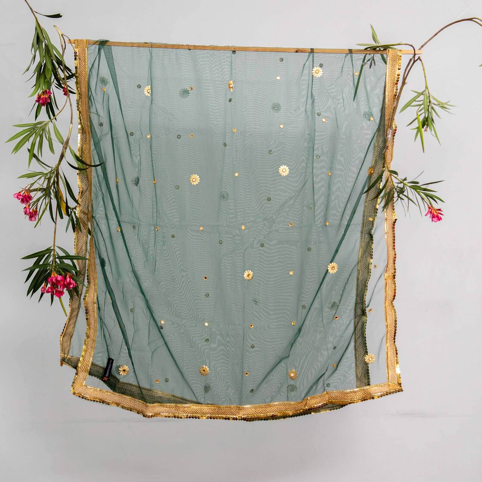 Net Bottle Green All Sided Gota Patti with Mirror Work Dupatta