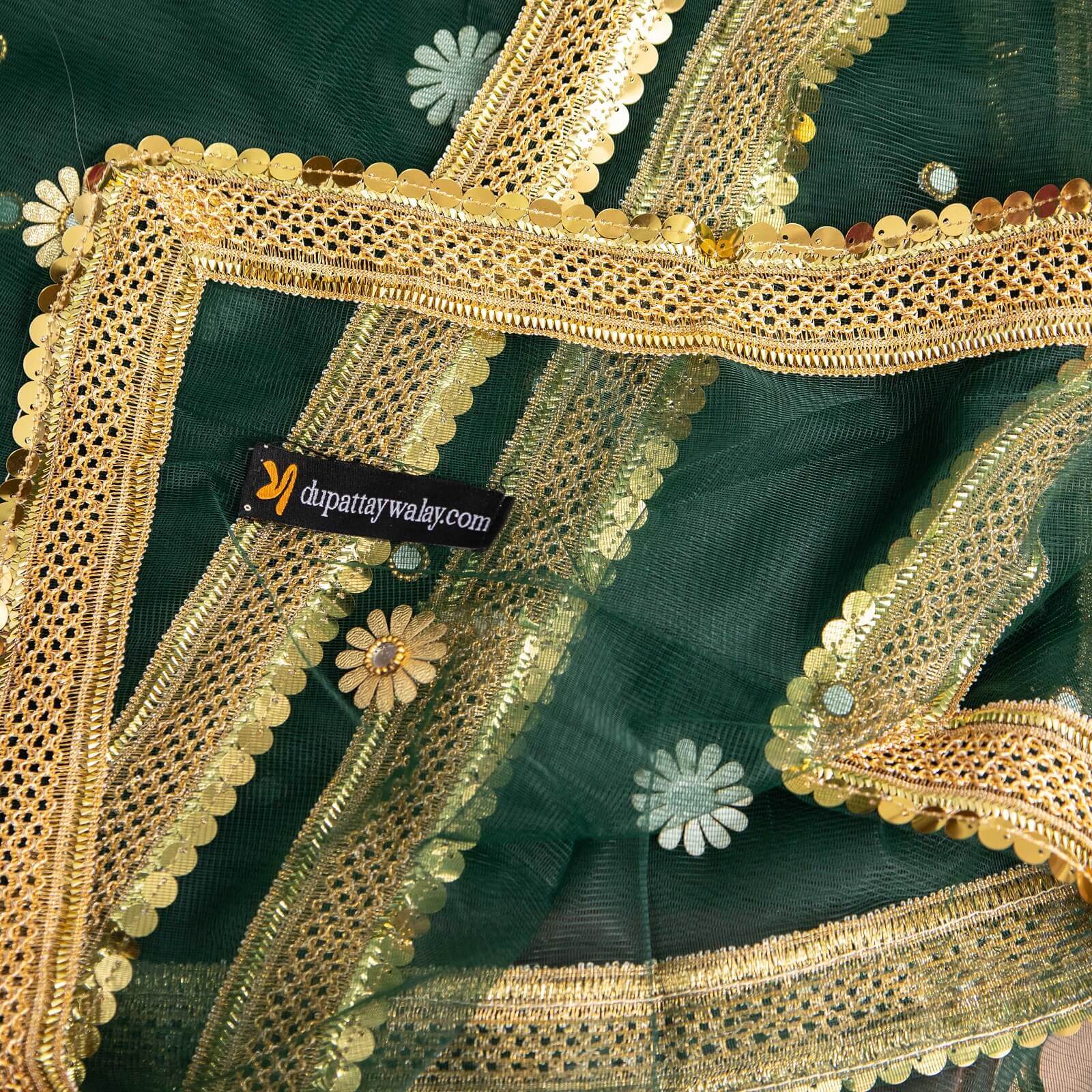 Net Bottle Green All Sided Gota Patti with Mirror Work Dupatta