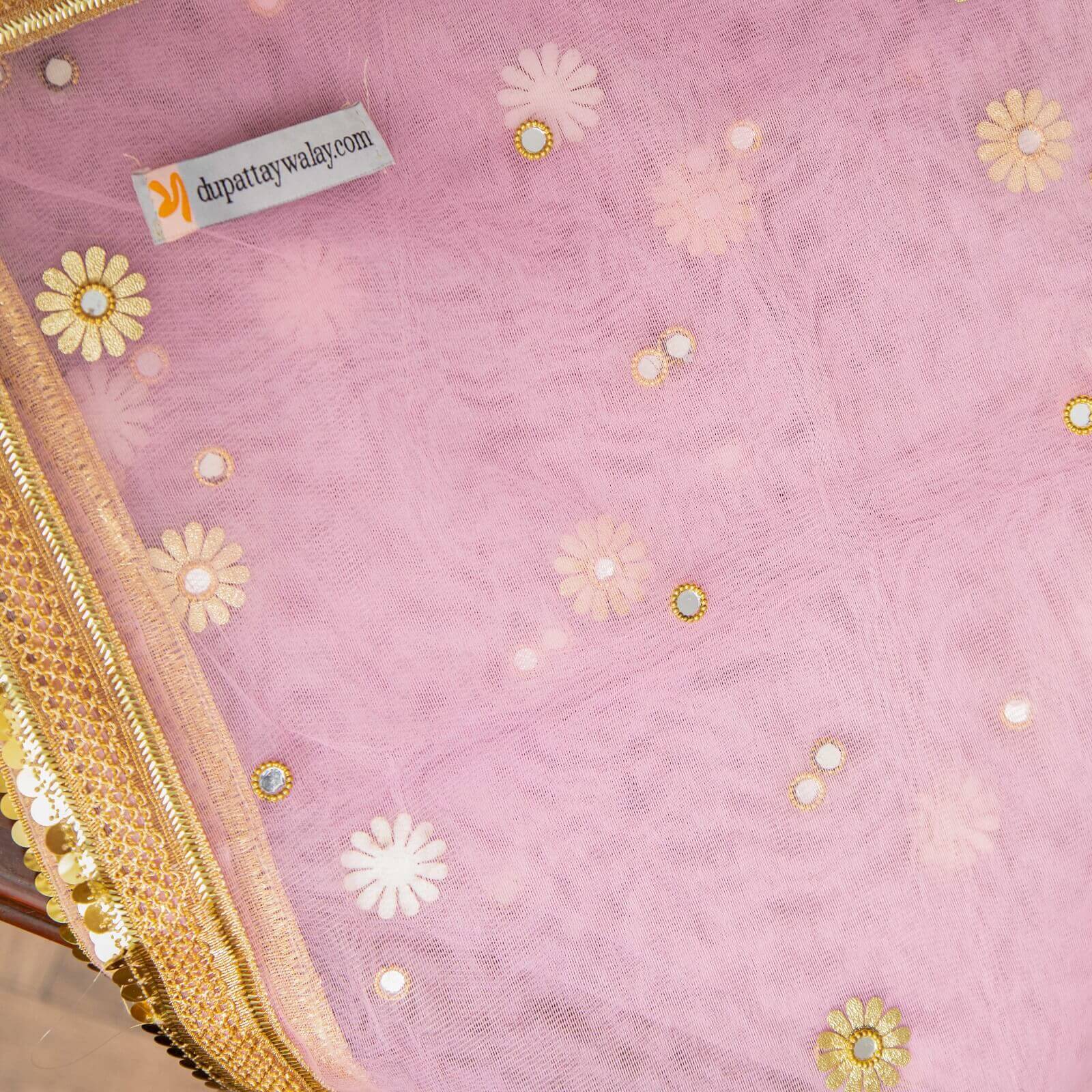 Net Baby Pink All Sided Gota Patti with Mirror Work Dupatta