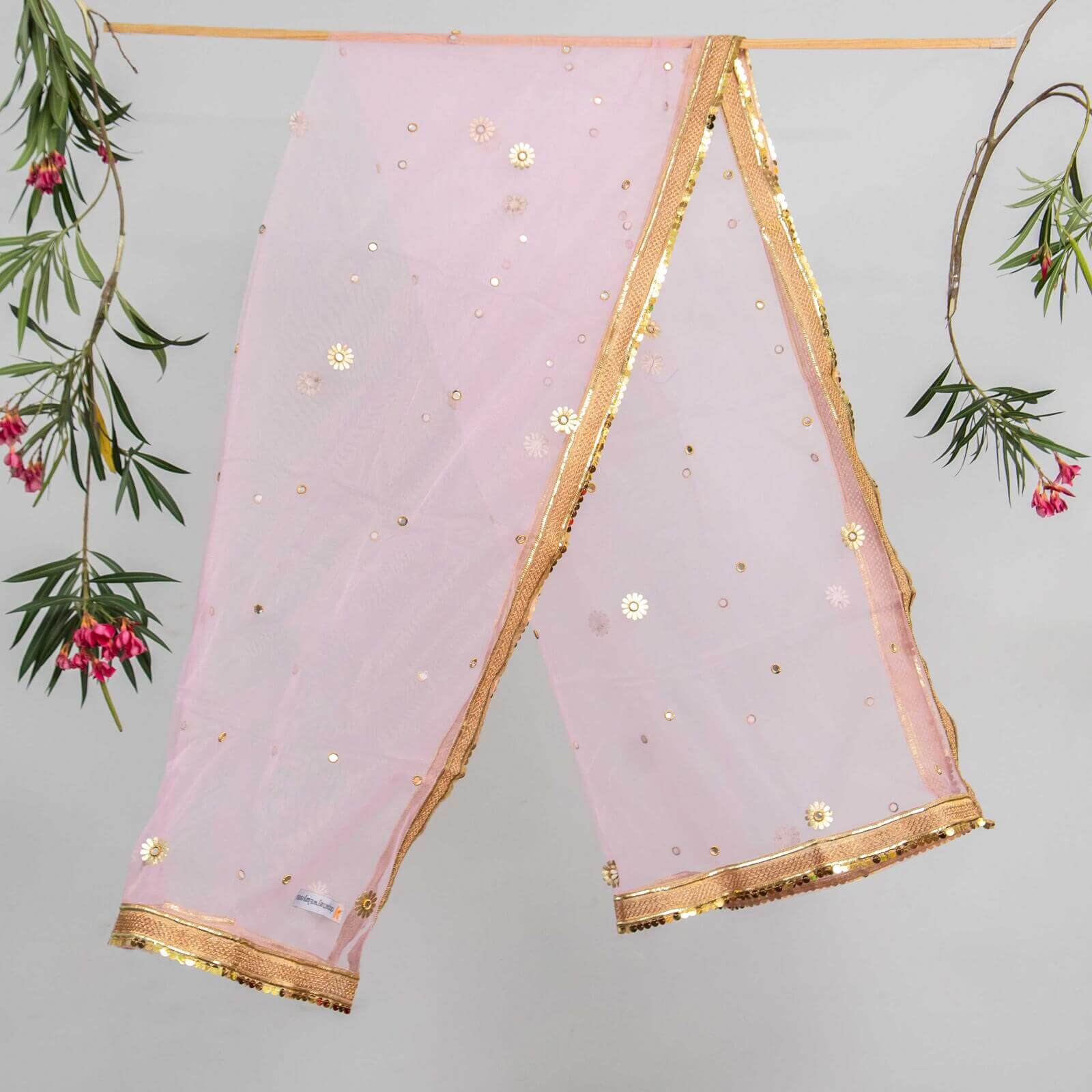 Net Baby Pink All Sided Gota Patti with Mirror Work Dupatta