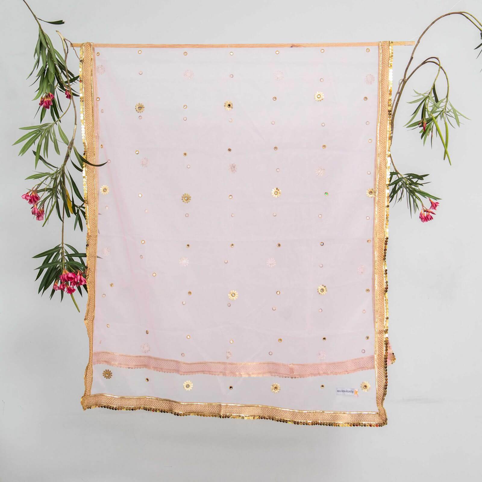 Net Baby Pink All Sided Gota Patti with Mirror Work Dupatta