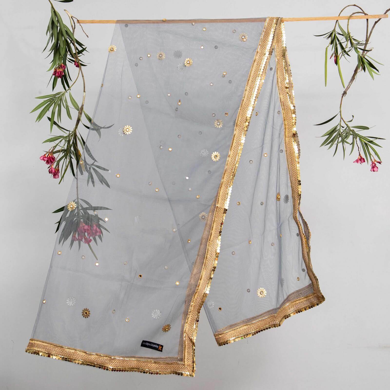 Net Gray All Sided Gota Patti with Mirror Work Dupatta