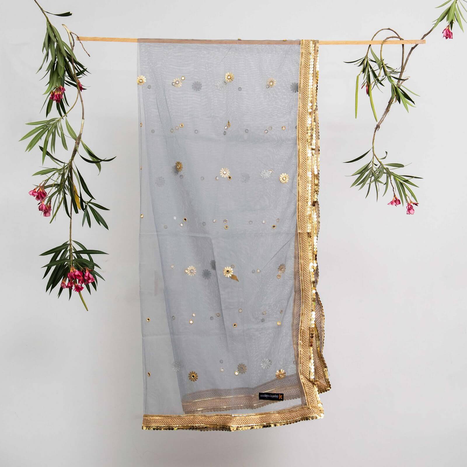 Net Gray All Sided Gota Patti with Mirror Work Dupatta