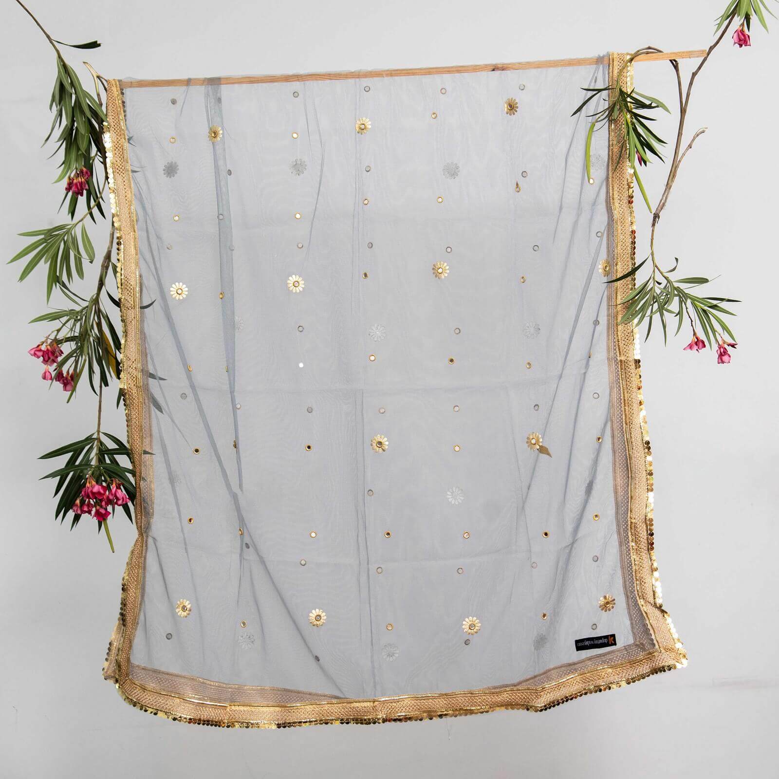Net Gray All Sided Gota Patti with Mirror Work Dupatta