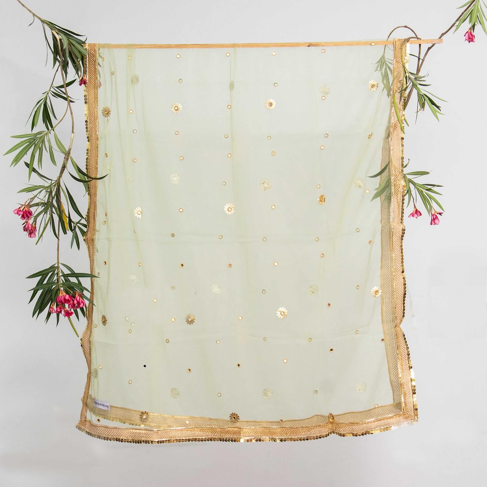 Net Pistachio Green All Sided Gota Patti with Mirror Work Dupatta